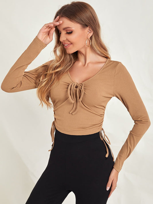 V-Neck Knot Front Drawstring Side Slim Fit Top