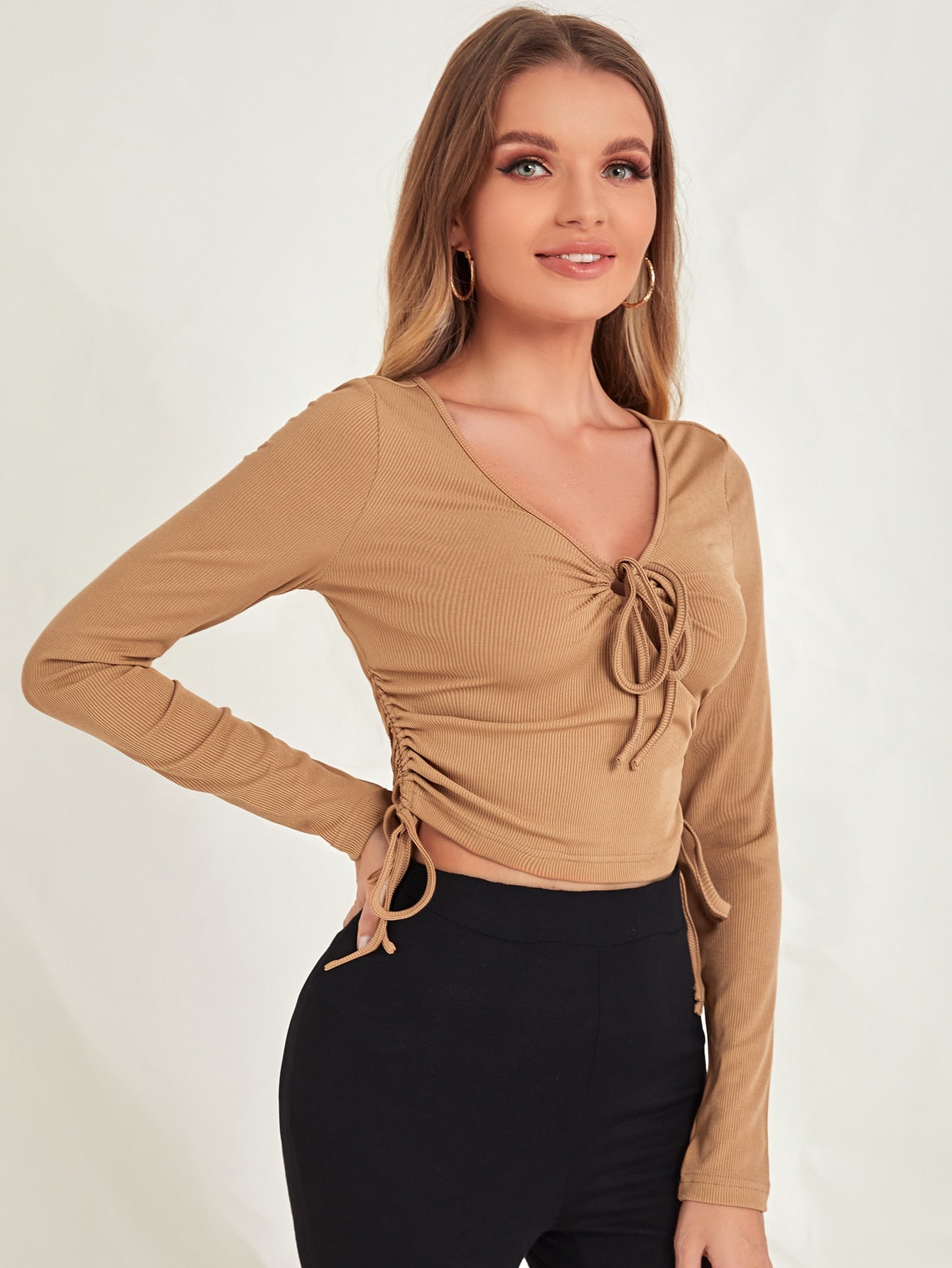 V-Neck Knot Front Drawstring Side Slim Fit Top