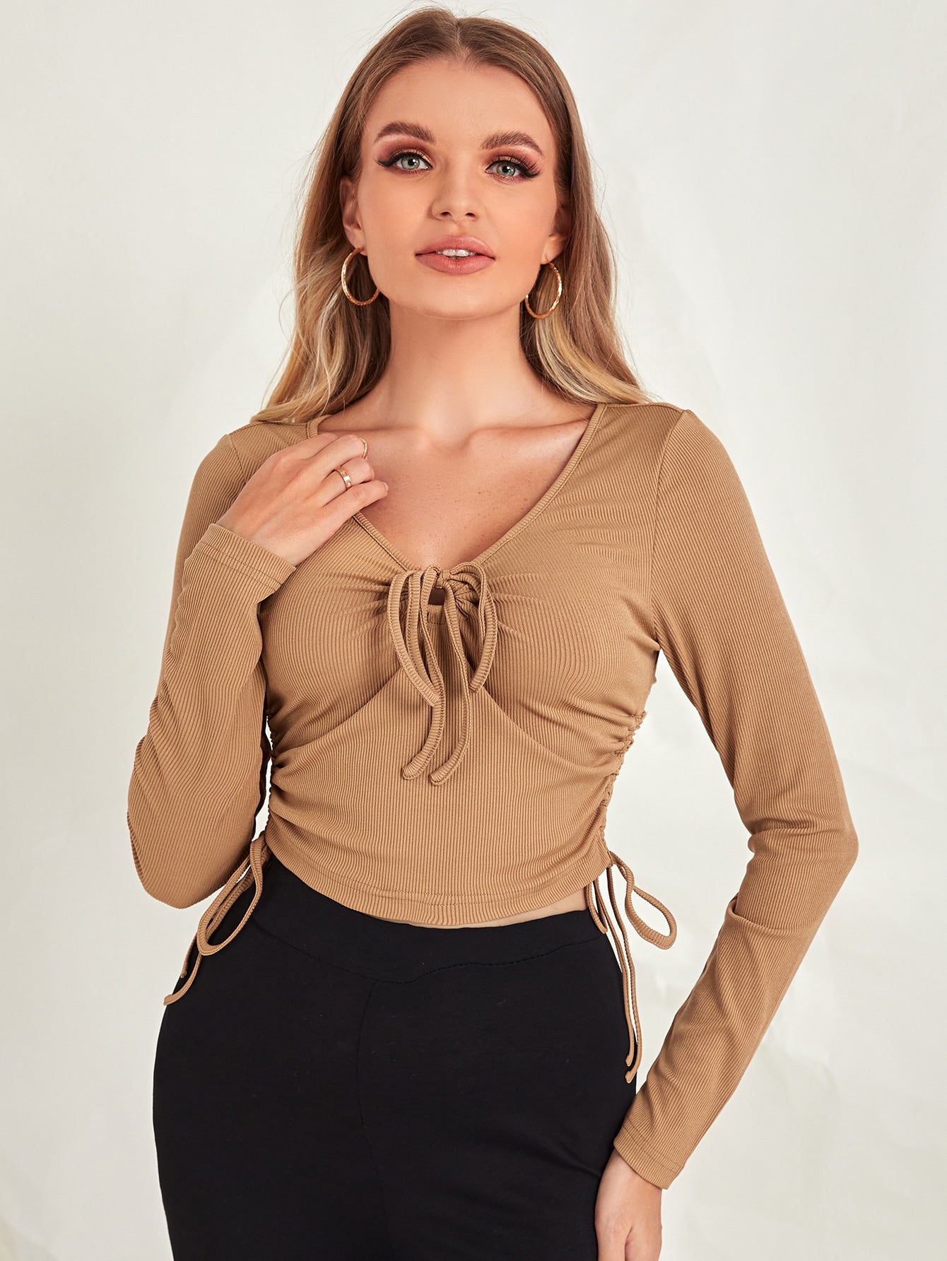 V-Neck Knot Front Drawstring Side Slim Fit Top