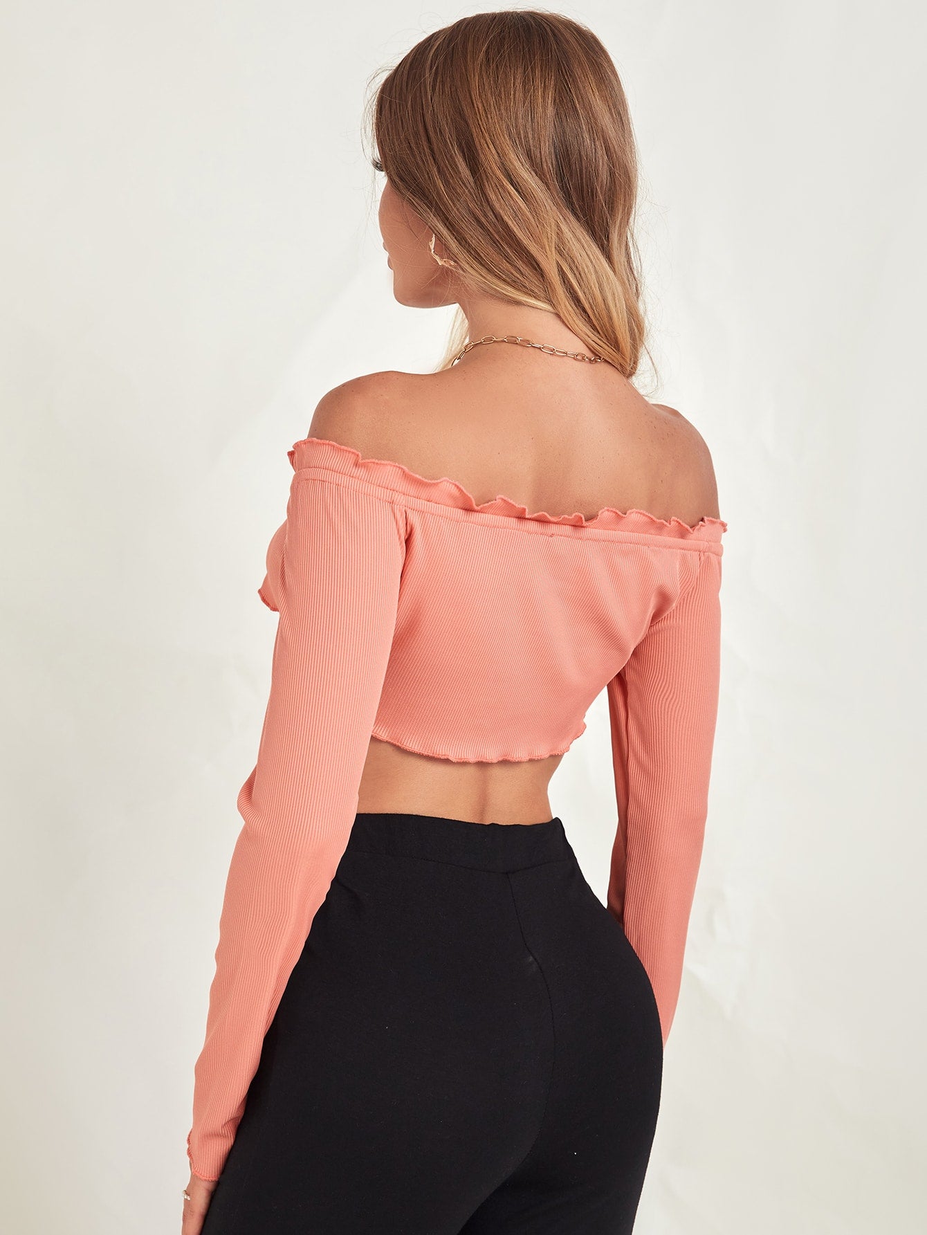 Coral Pink Knot Front Lettuce Trim Rib-knit Off Shoulder Crop Top