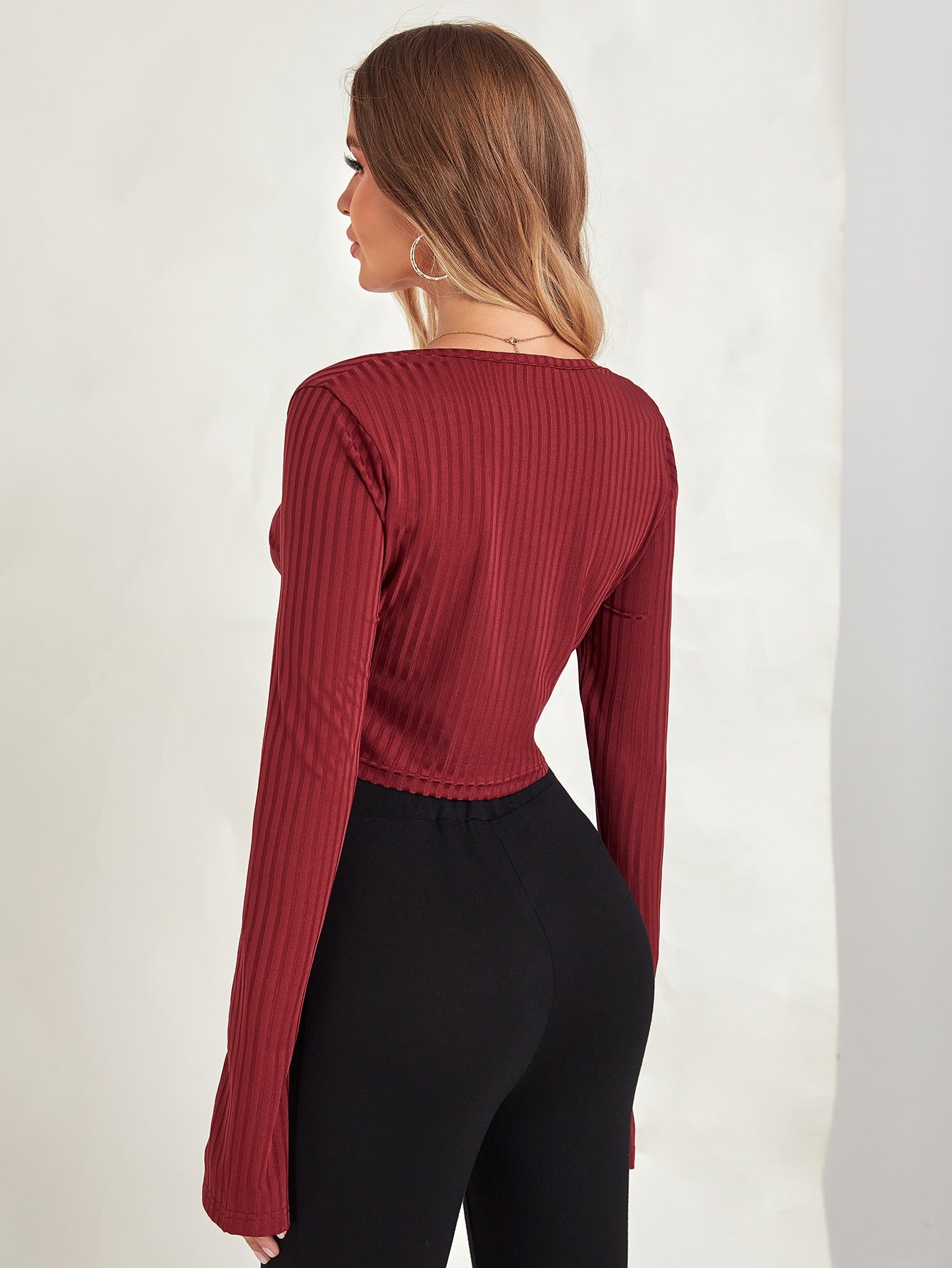Burgundy Ruched Ribbed Knit Button Front Slim Fit Crop Top