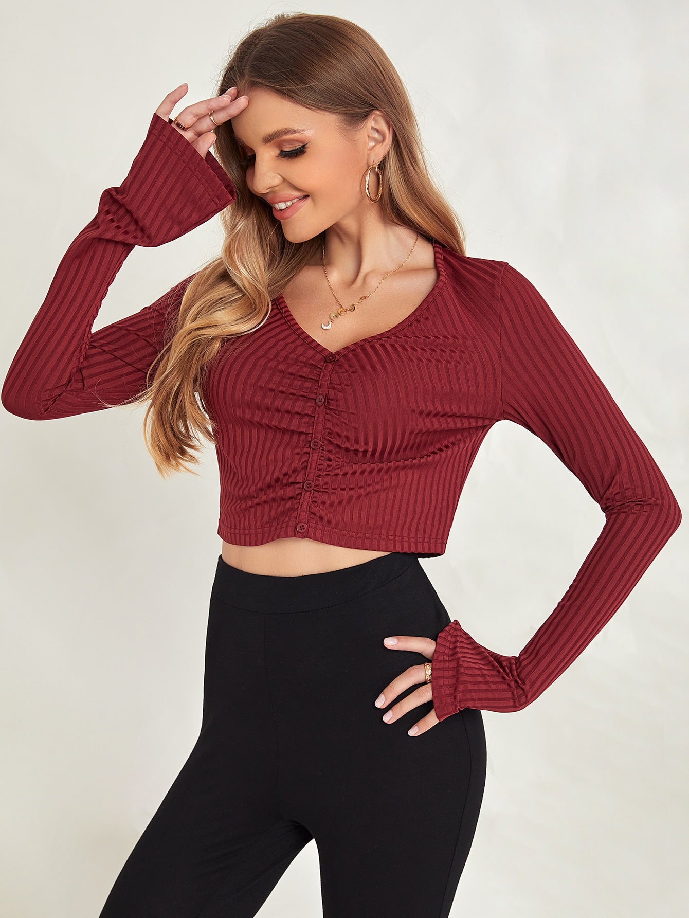 Burgundy Ruched Ribbed Knit Button Front Slim Fit Crop Top