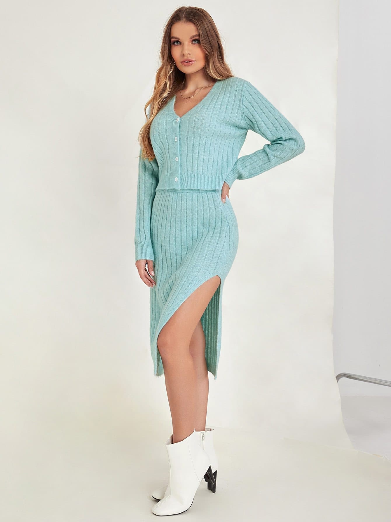 Blue V-Neck Ribbed Knit Cardigan and Split Thigh Skirt