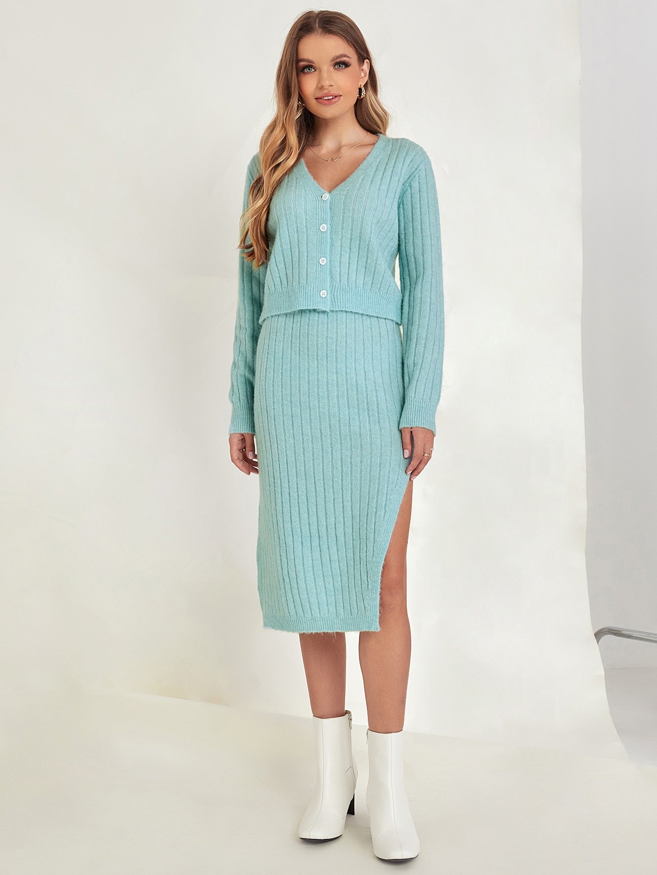 Blue V-Neck Ribbed Knit Cardigan and Split Thigh Skirt