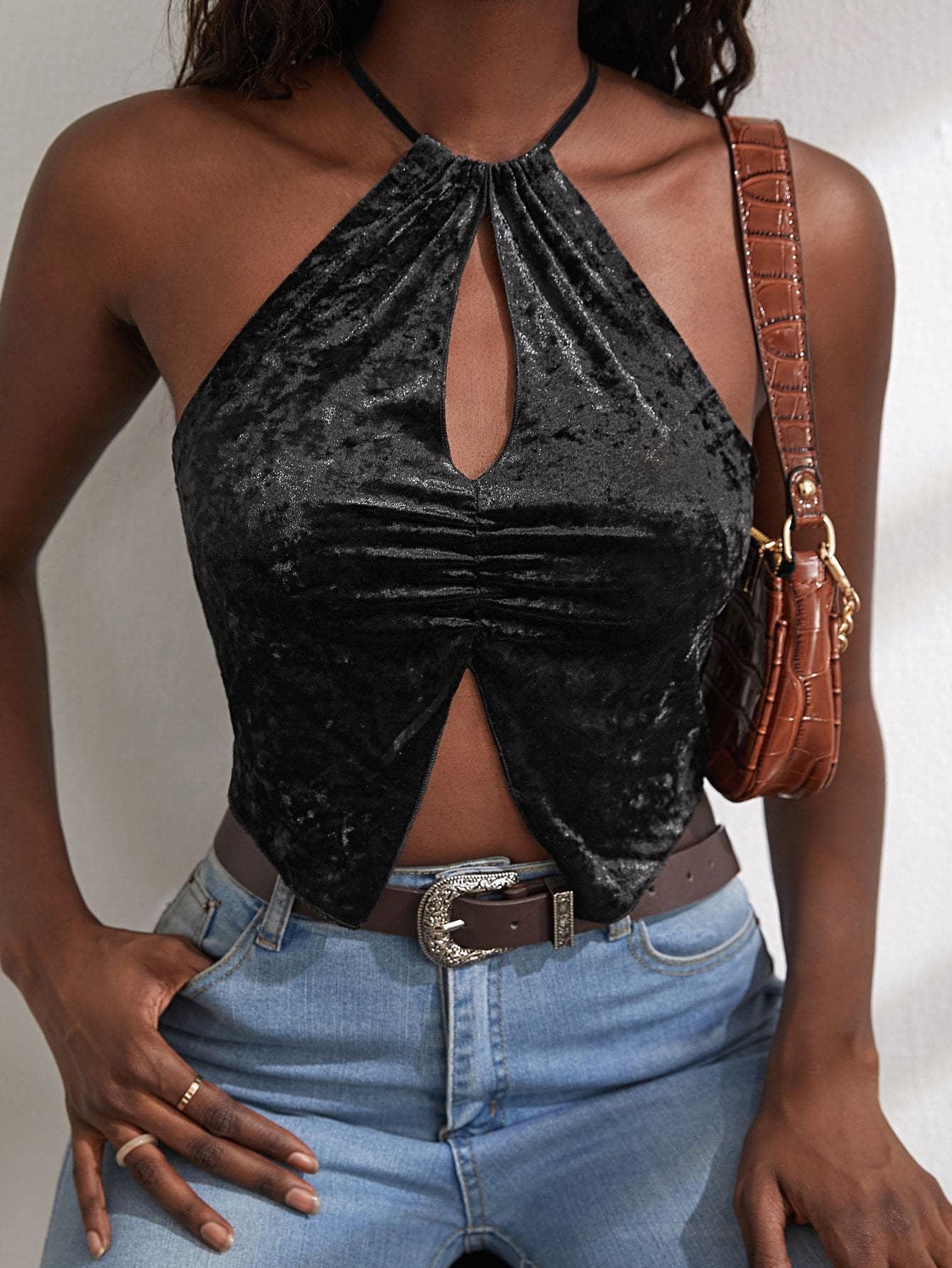 Black Ruched Bust Split Hem Crisscross Back Velvet Cami Top