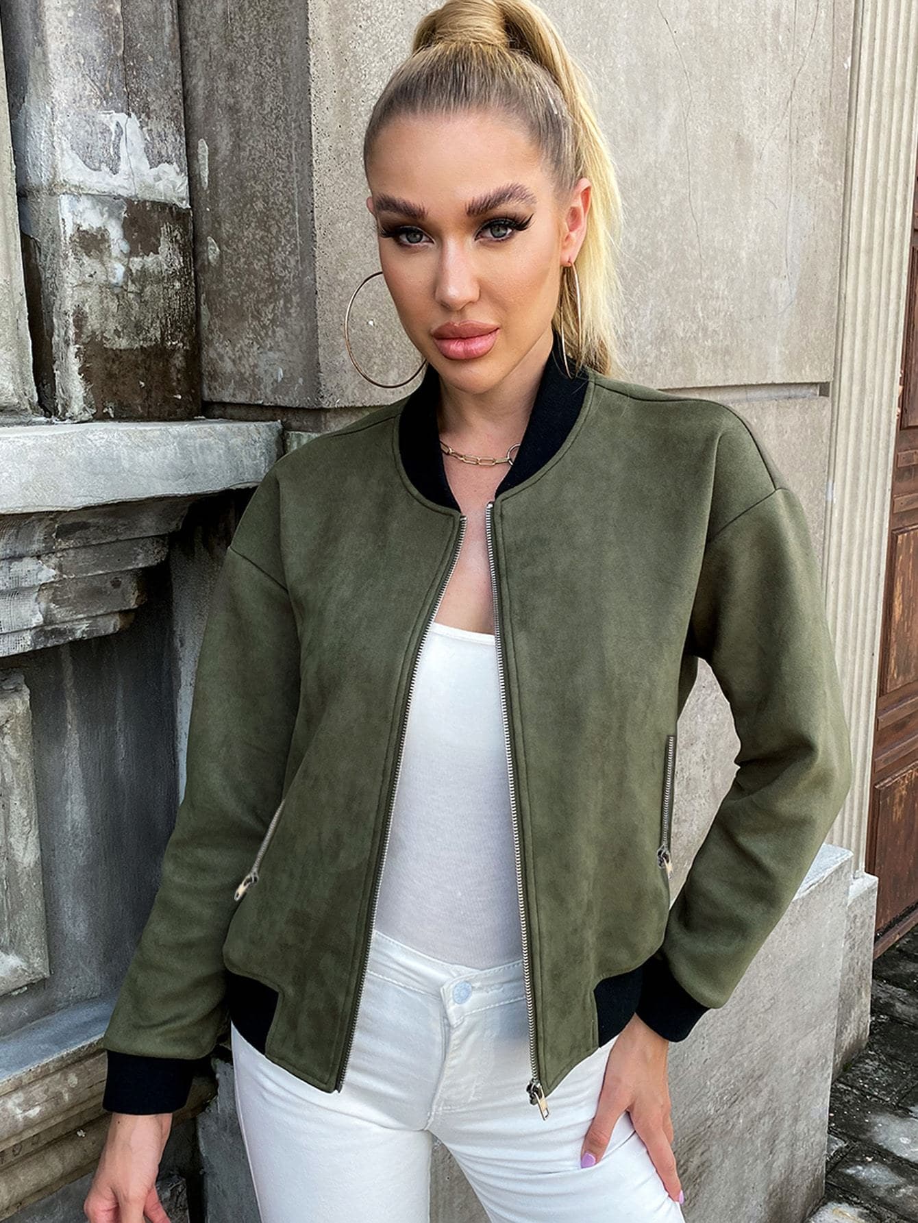Drop Shoulder Zip Up Suede Bomber Jacket