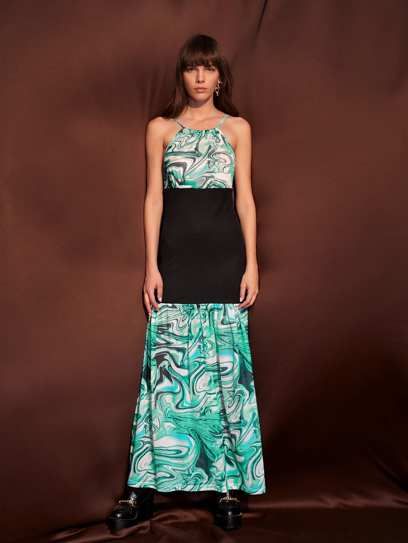 Sleeveless Backless Marble Print 2 In 1 Dress