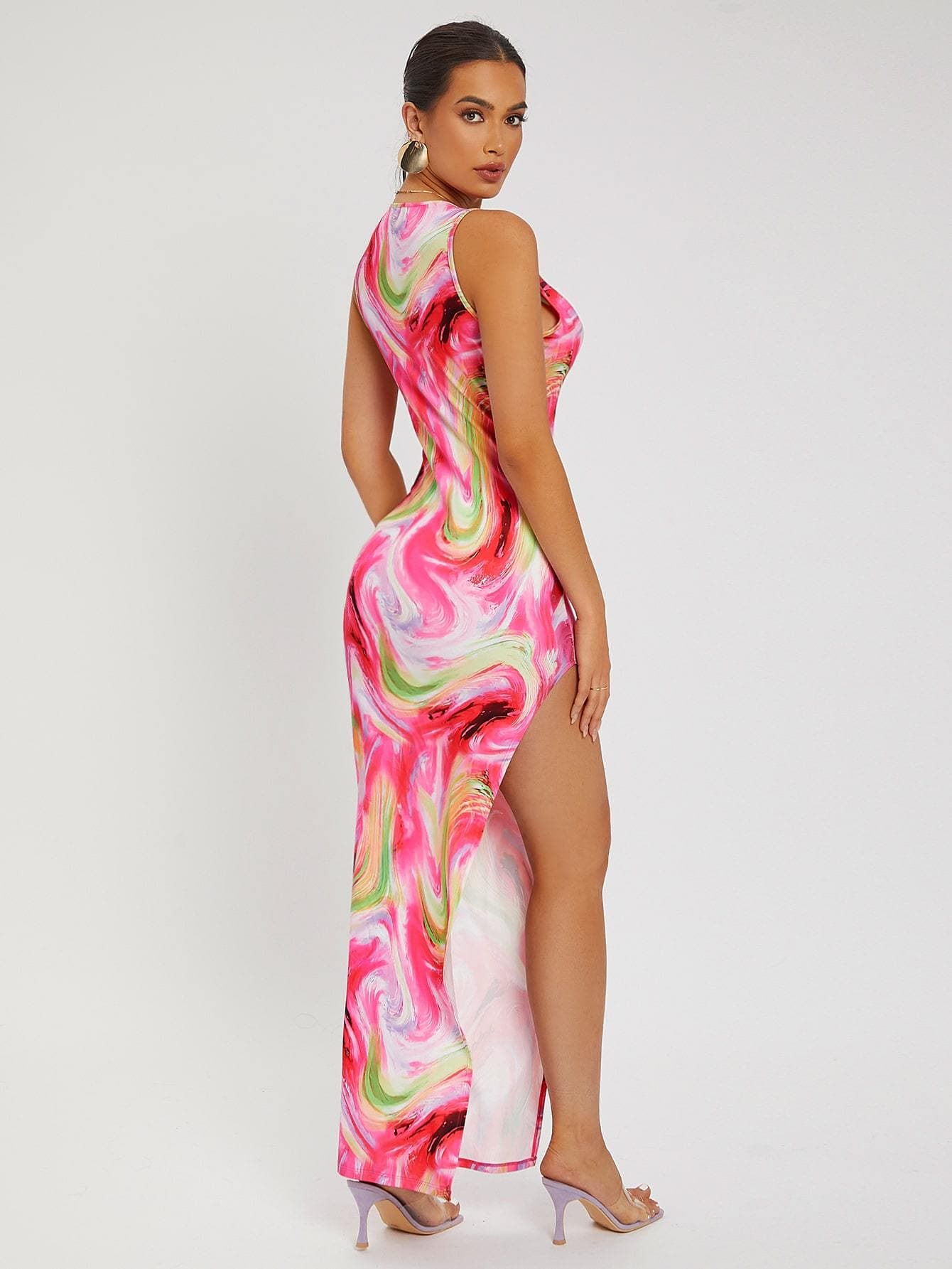 Deep V-Neck Sleeveless Marbled Print High Split Dress