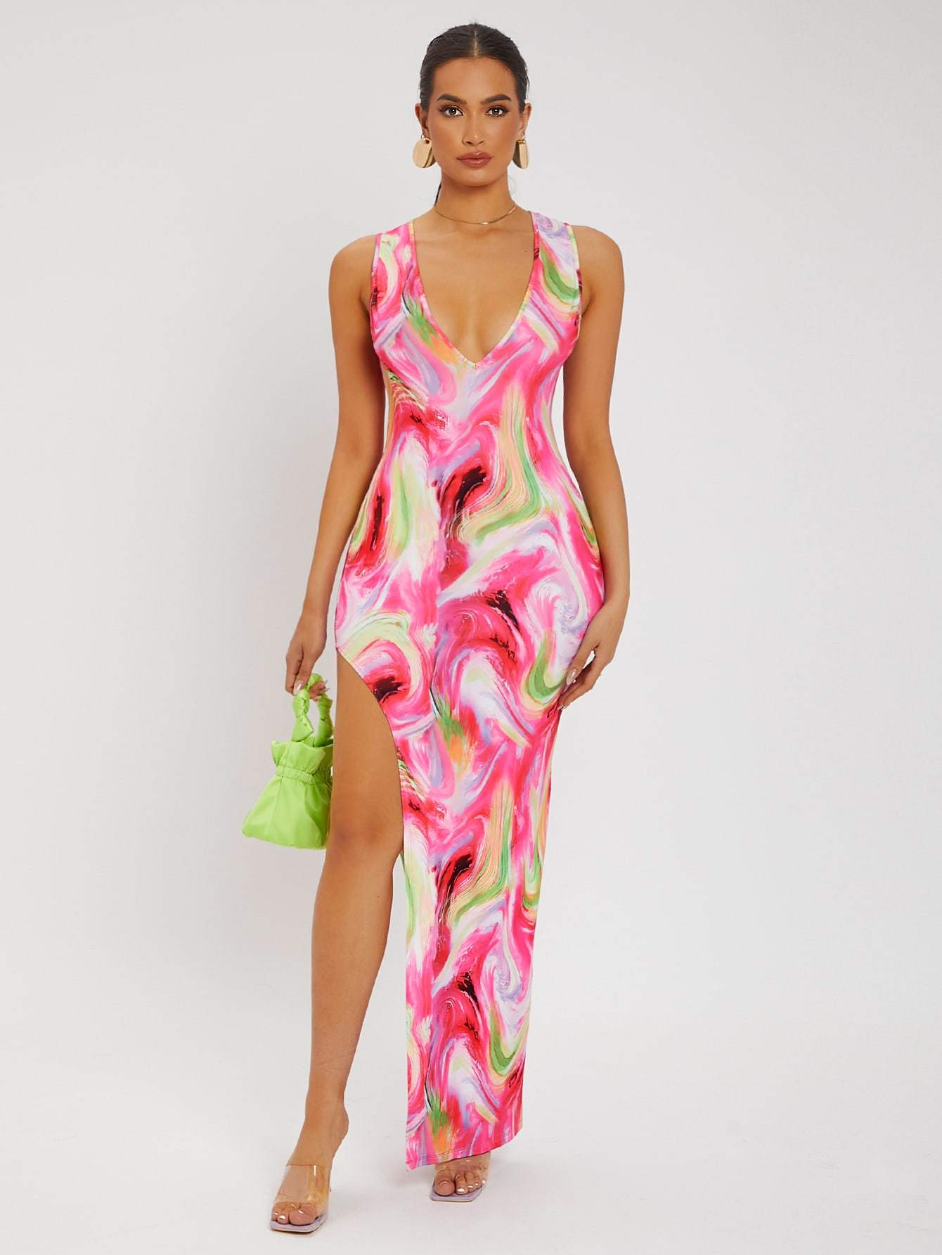Deep V-Neck Sleeveless Marbled Print High Split Dress