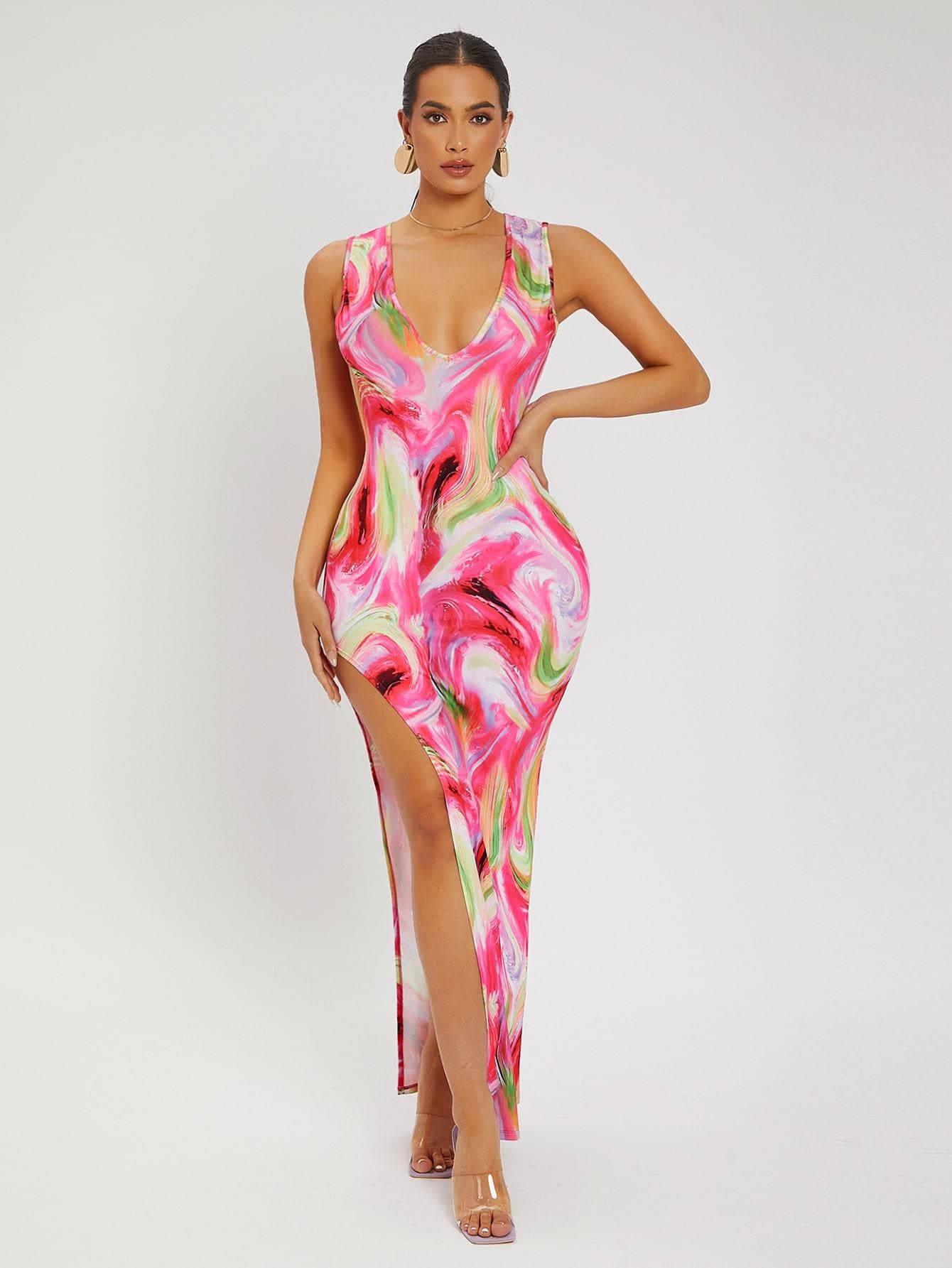 Deep V-Neck Sleeveless Marbled Print High Split Dress