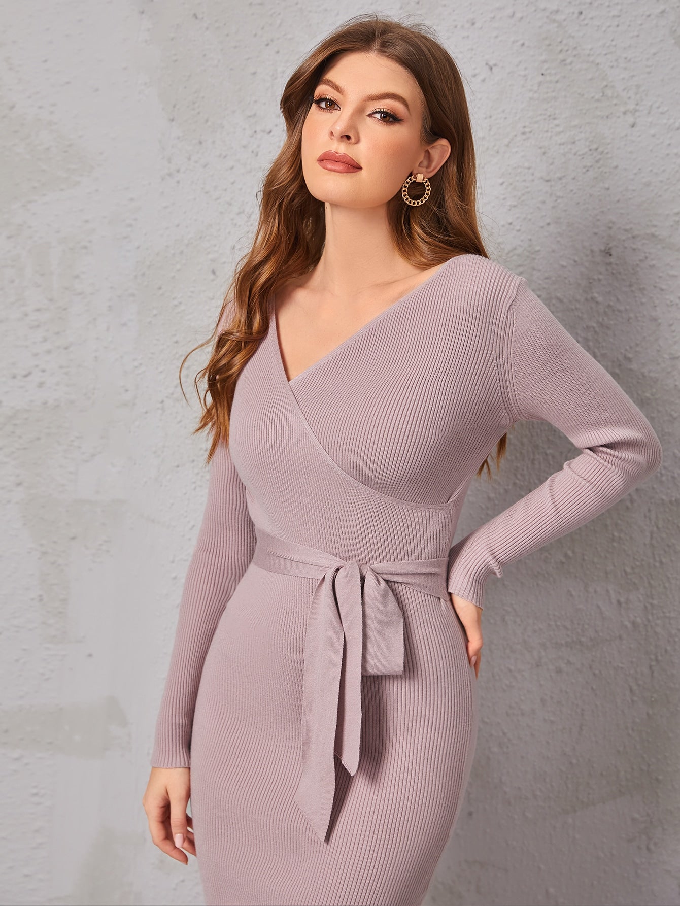 Dusty Pink Surplice V-Neck Split Hem Belted Sweater Dress