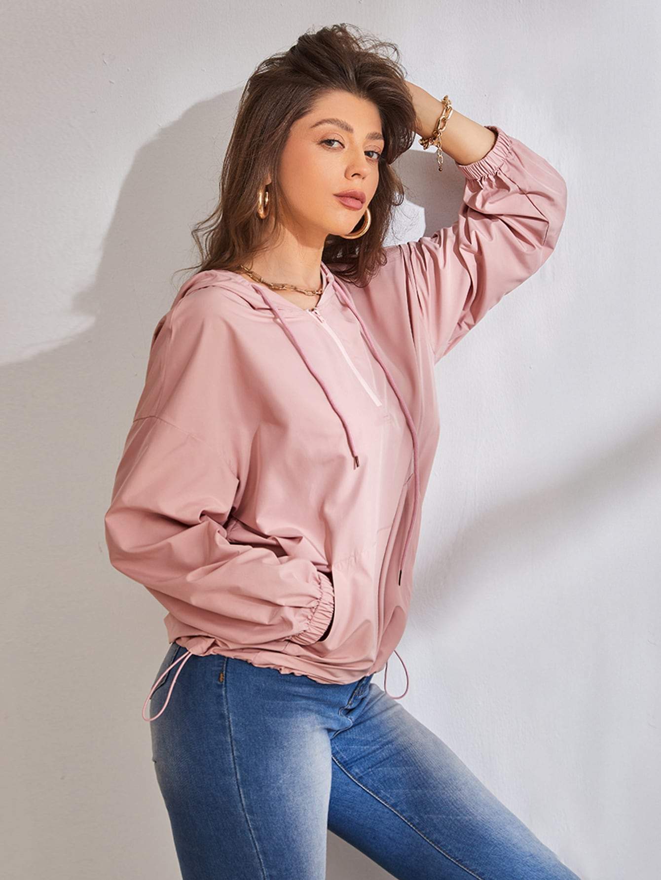 Dusty Pink Quarter Zip Drop Shoulder Hooded Jacket