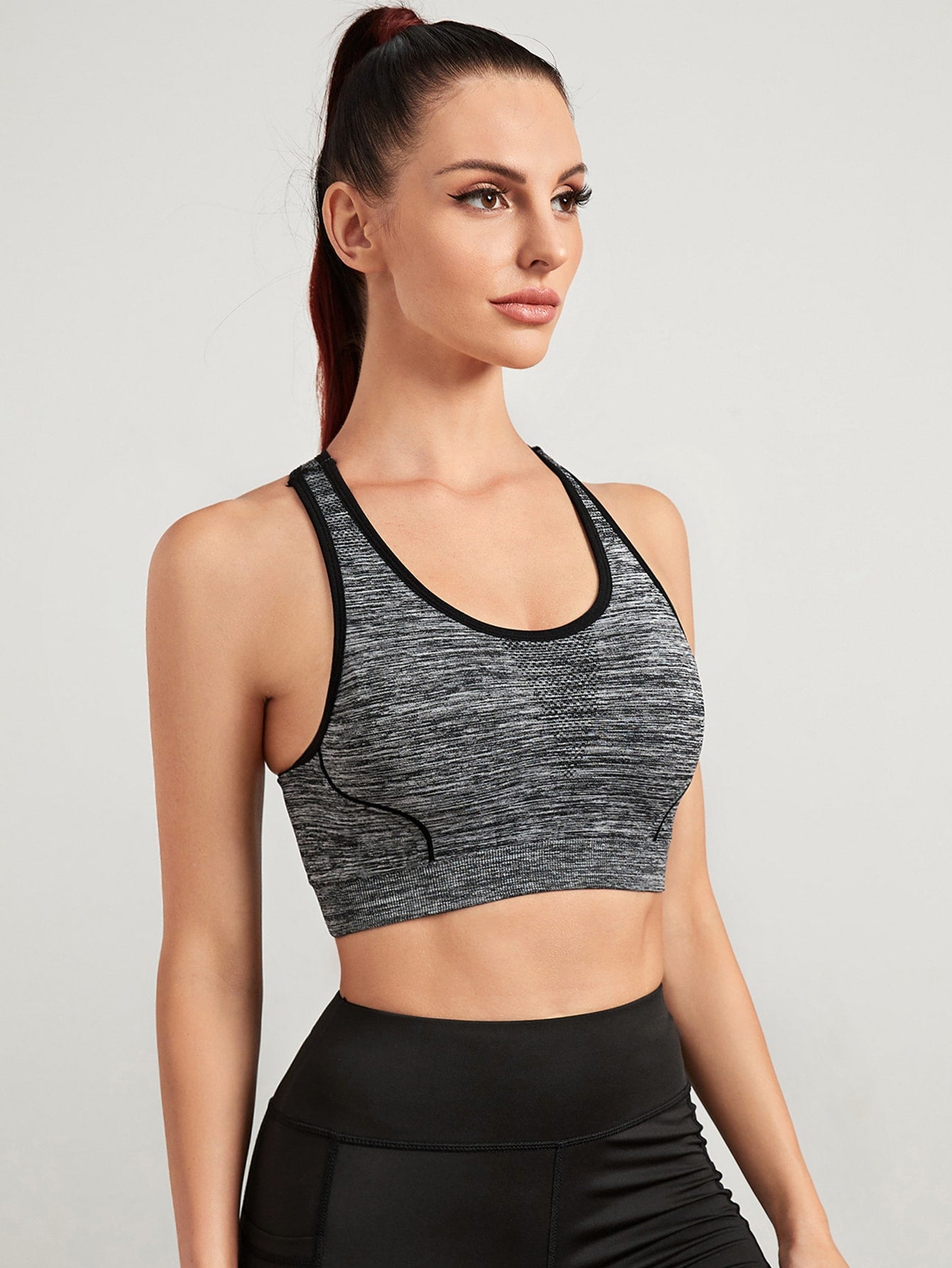 Grey High Support Seamless Contrast Binding Sports Bra Top