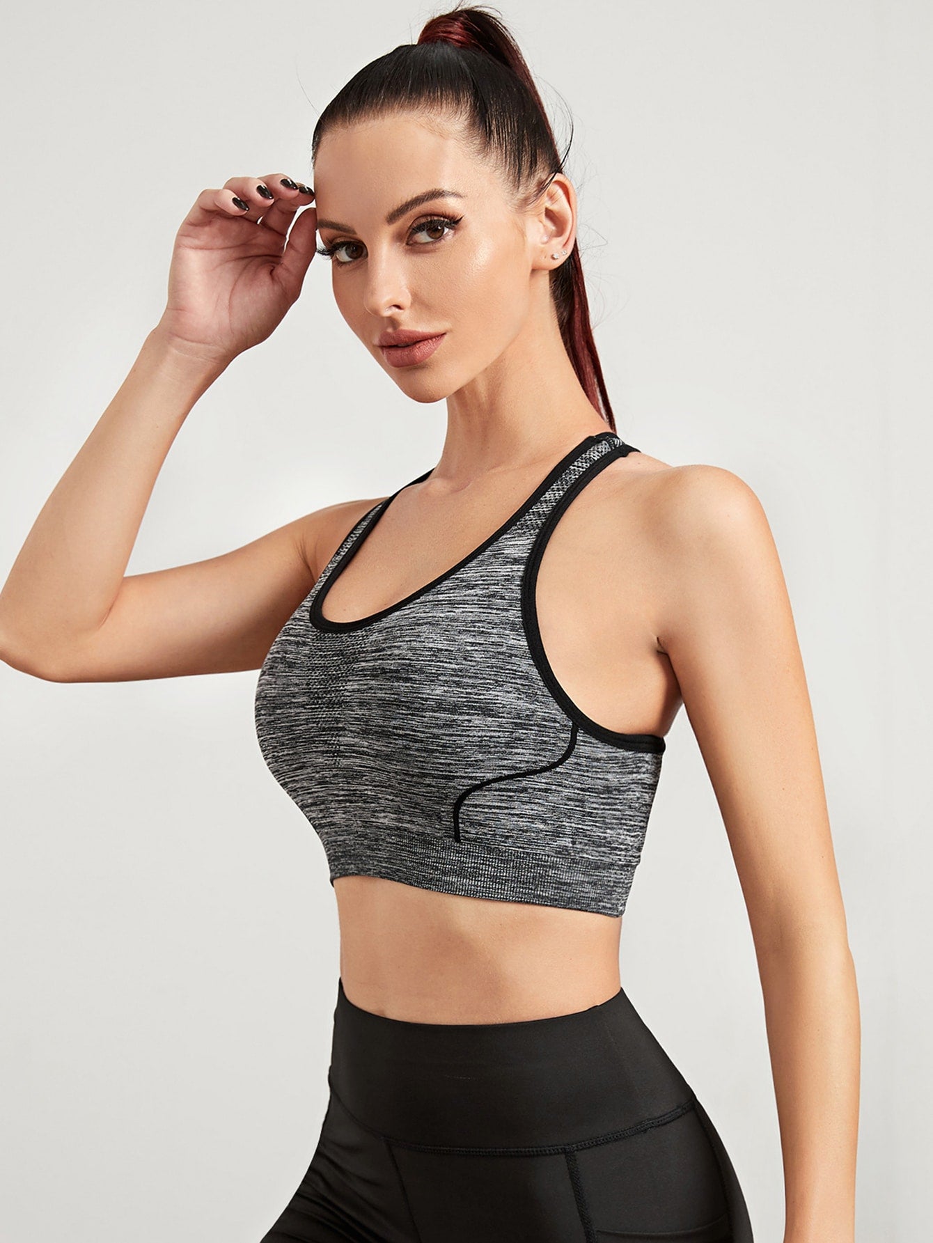 Grey High Support Seamless Contrast Binding Sports Bra Top