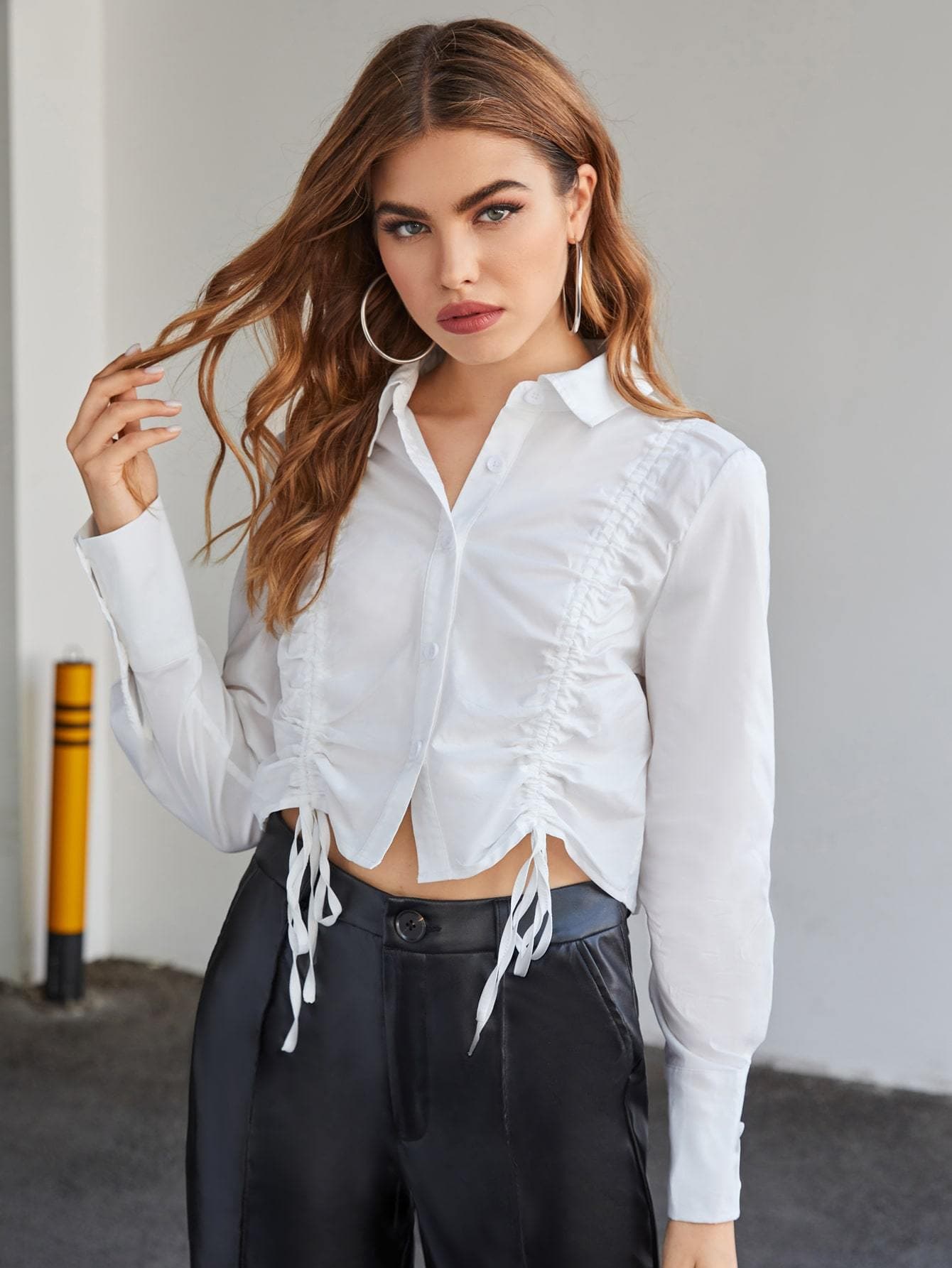 White Button Front Drawstring Ruched Crop Blouse Top