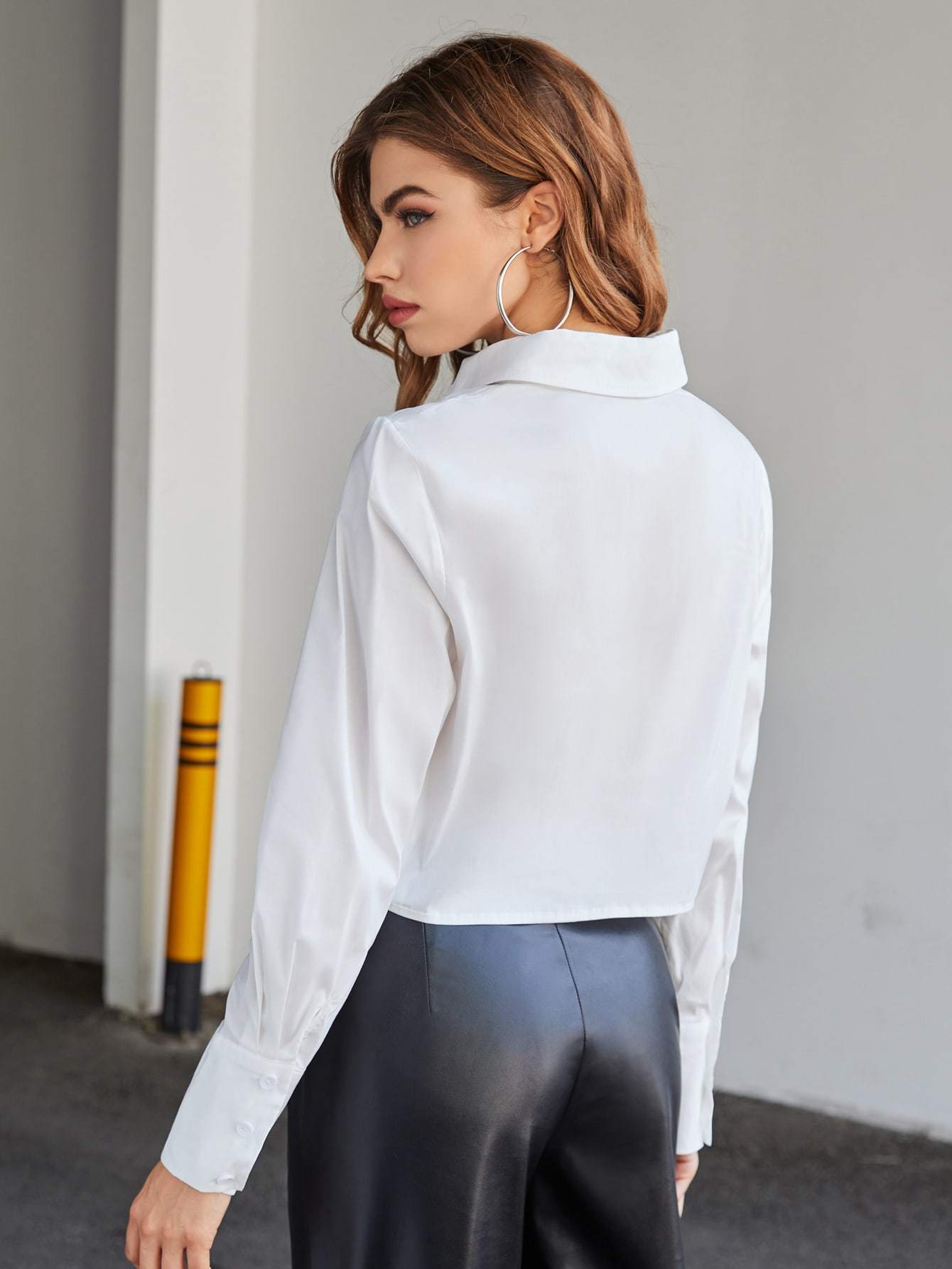 White Button Front Drawstring Ruched Crop Blouse Top