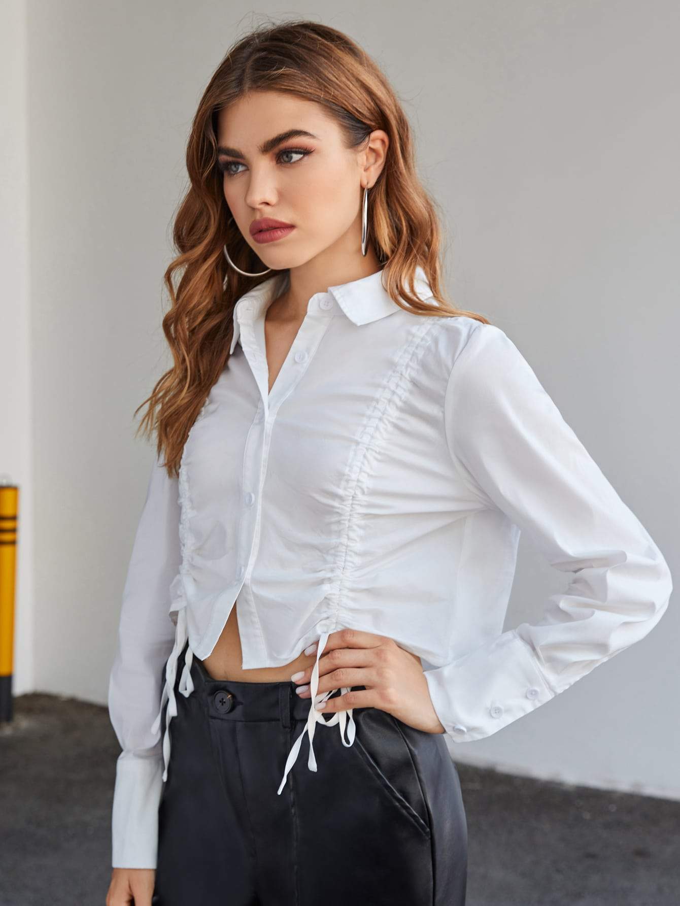 White Button Front Drawstring Ruched Crop Blouse Top