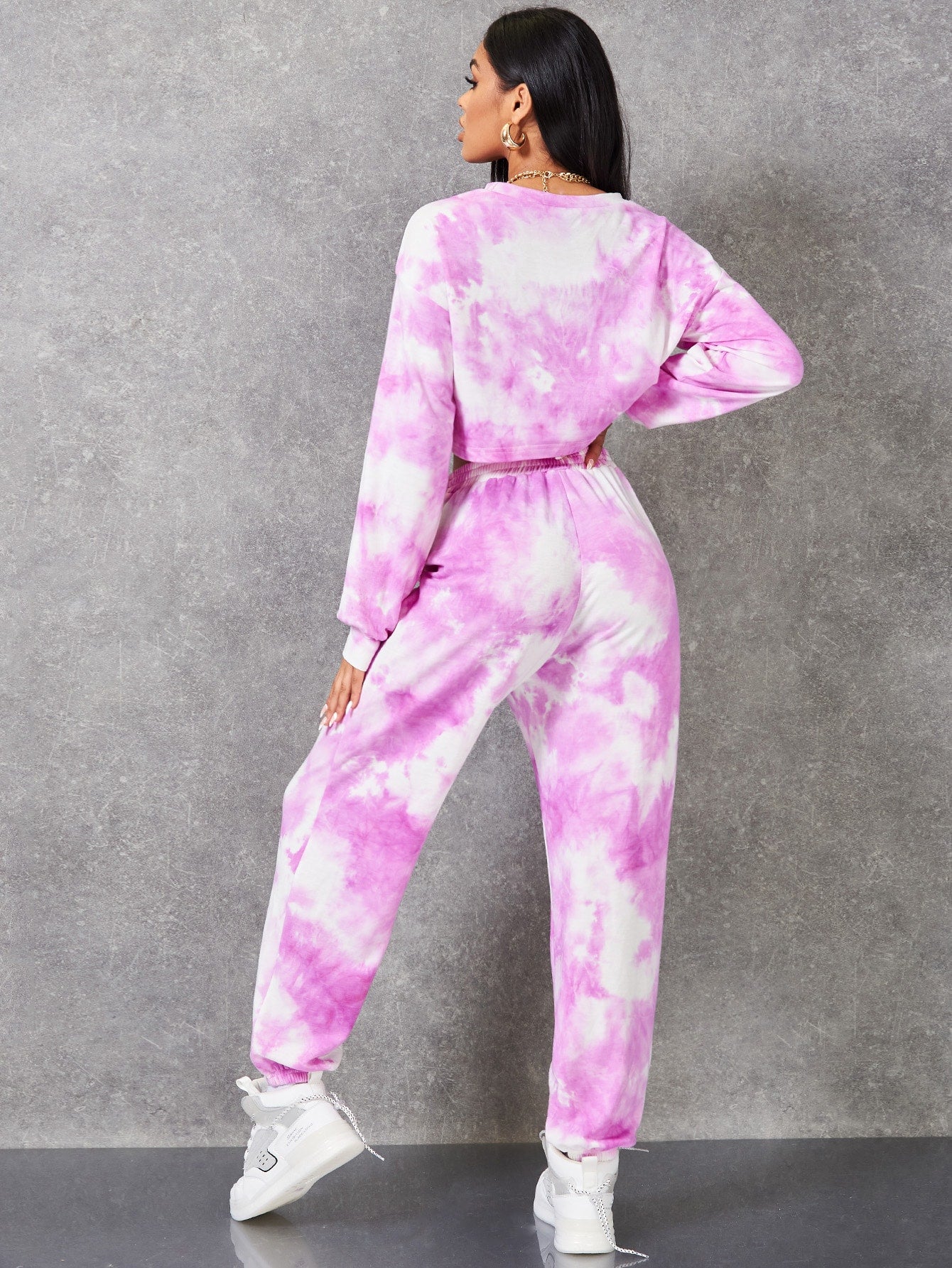 Round Neck Tie Dye Drop Shoulder Top and Slant Pocket Joggers Set