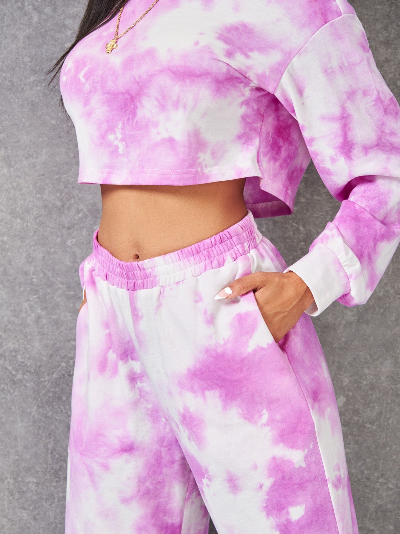 Round Neck Tie Dye Drop Shoulder Top and Slant Pocket Joggers Set