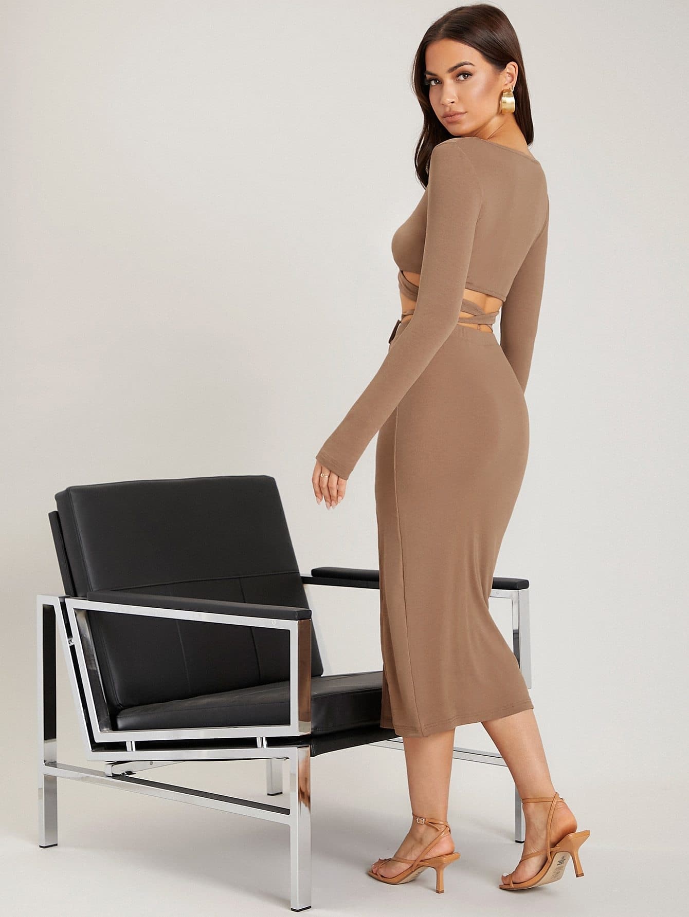 V-Neck Wrap Criss Cross Crop Top and Split Thigh Skirt