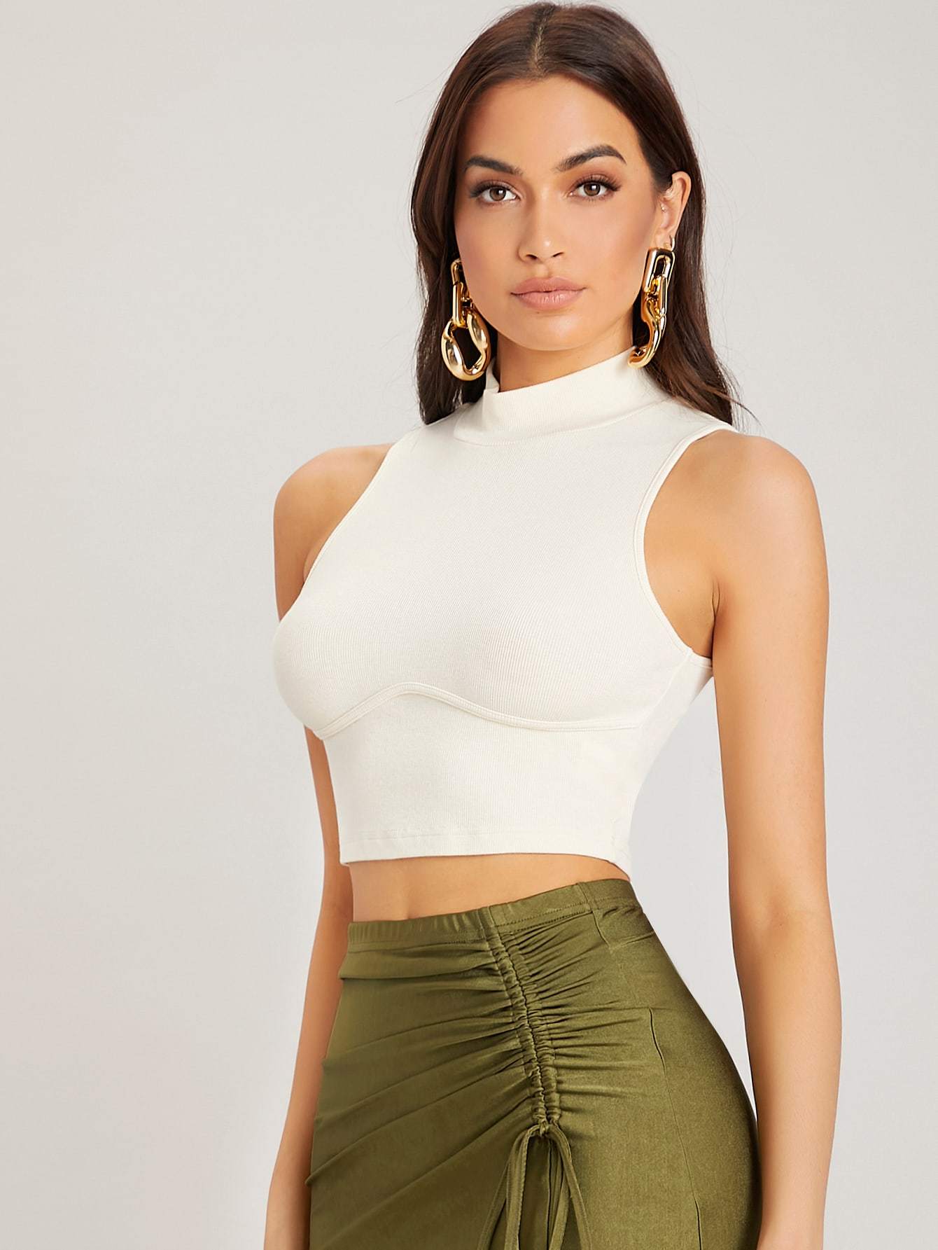 White Stand Collar Rib-knit Slim Fit Tank Top