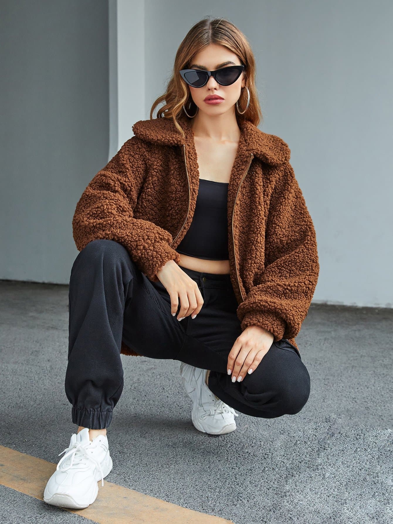Brown Zip Up Lantern Sleeve Teddy Coat