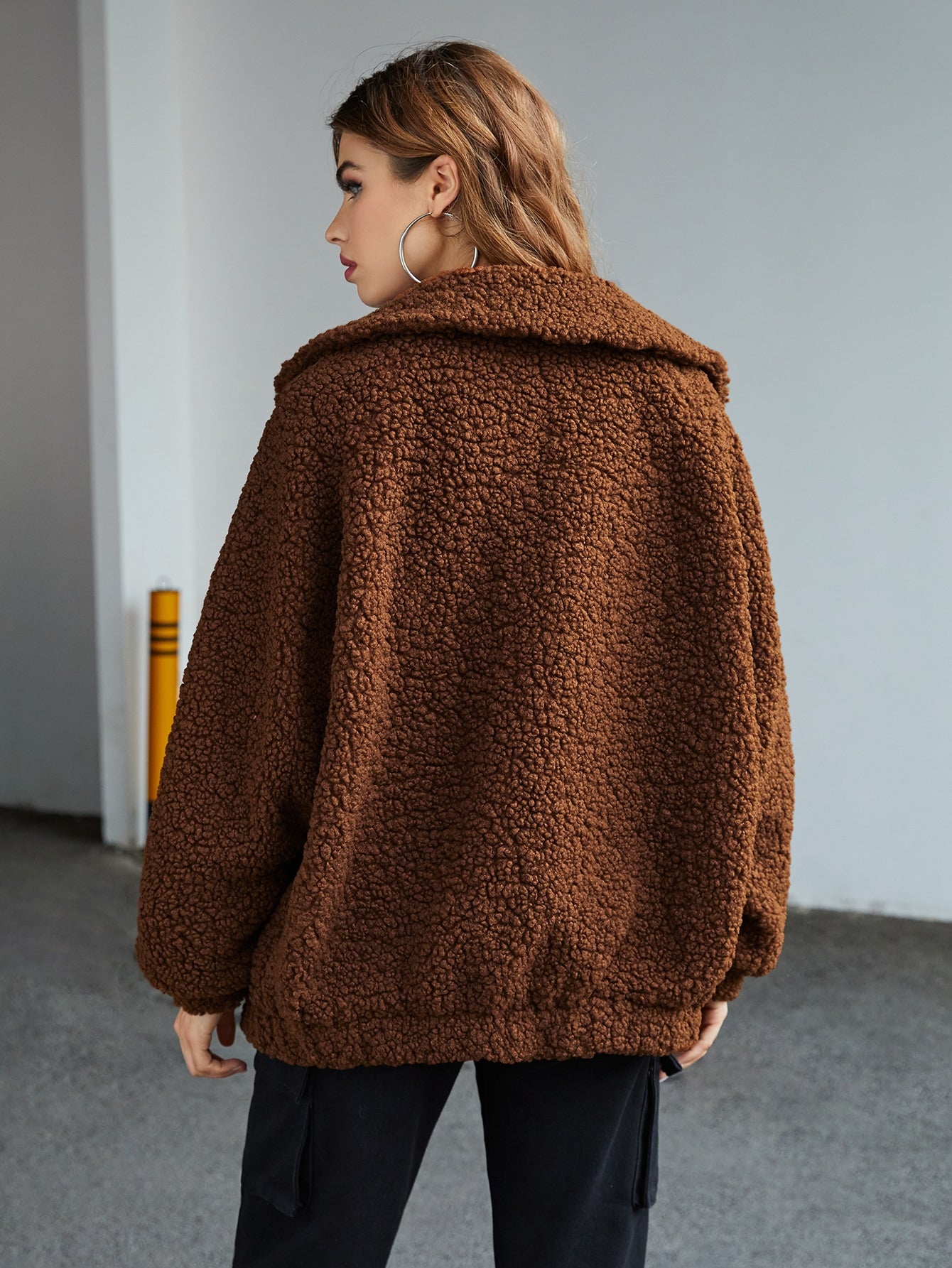 Brown Zip Up Lantern Sleeve Teddy Coat