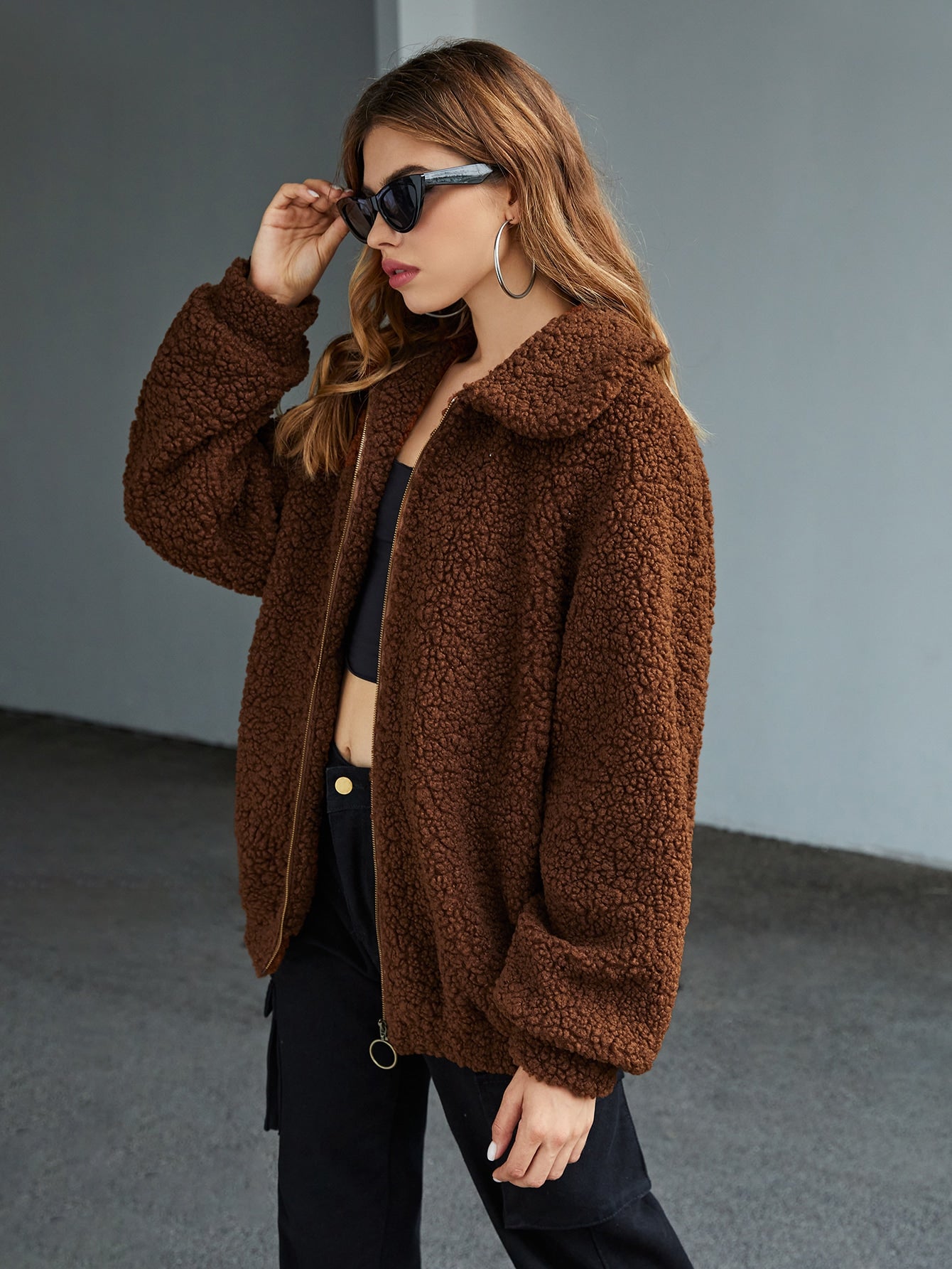 Brown Zip Up Lantern Sleeve Teddy Coat