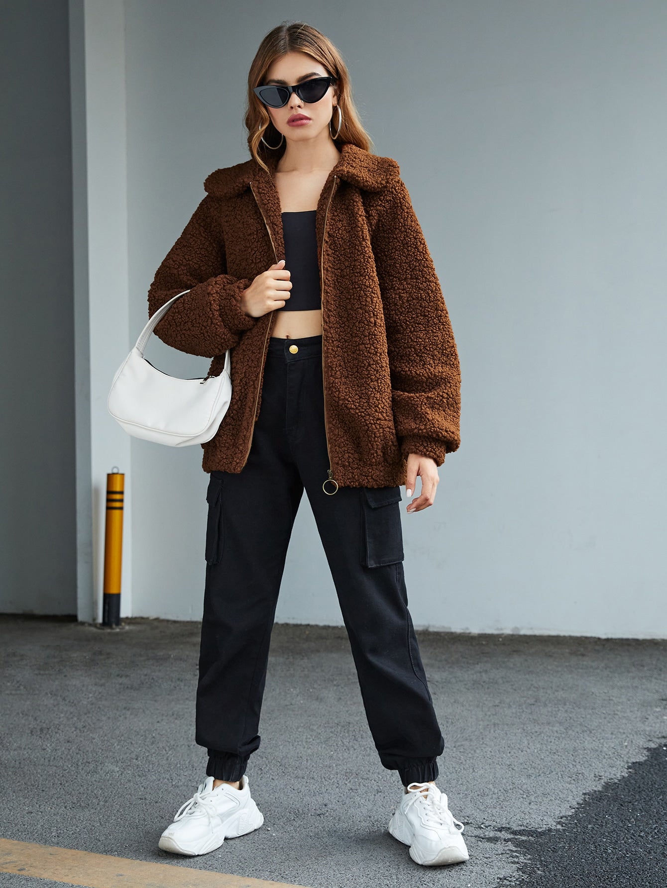Brown Zip Up Lantern Sleeve Teddy Coat