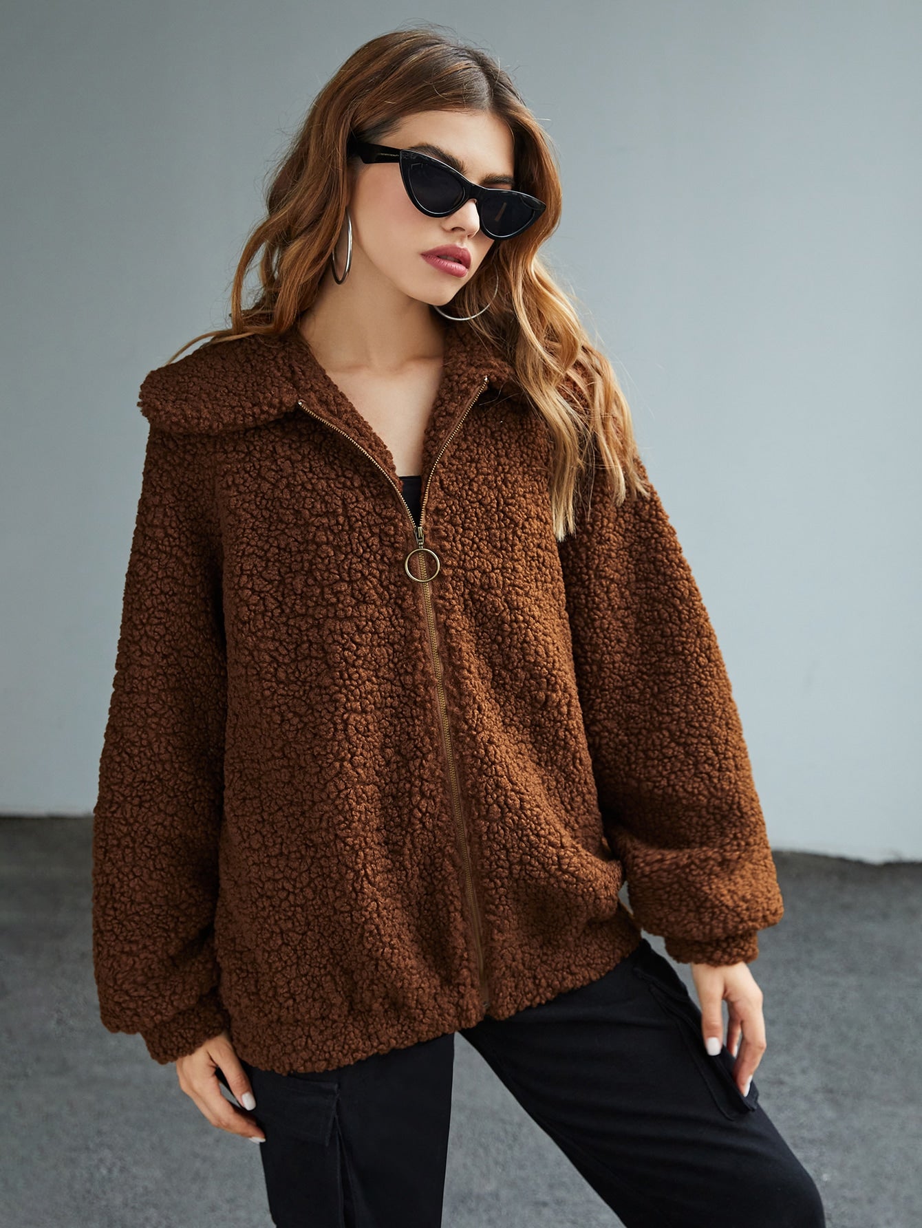 Brown Zip Up Lantern Sleeve Teddy Coat