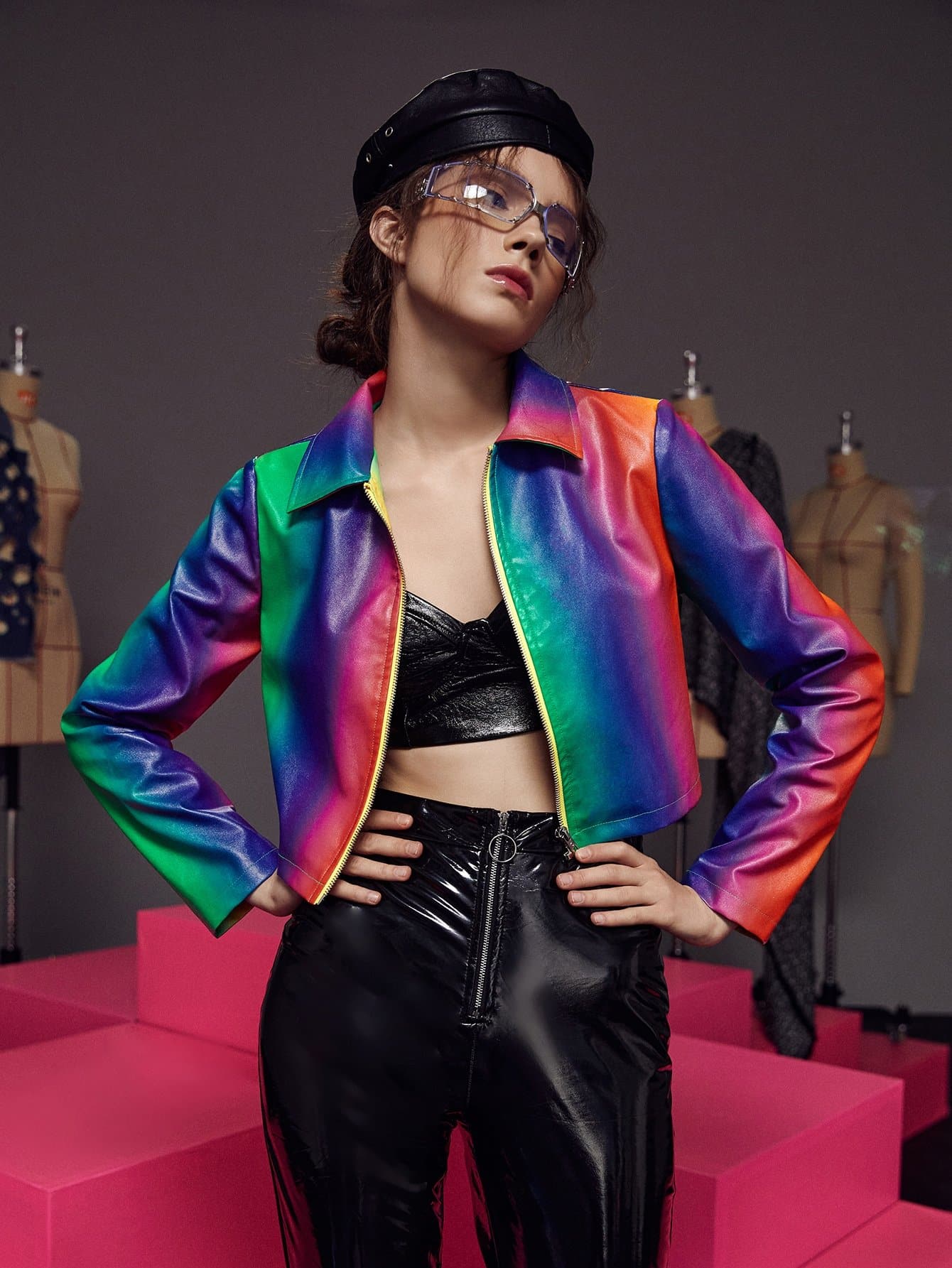 Ombre Zip Up PU Leather Jacket