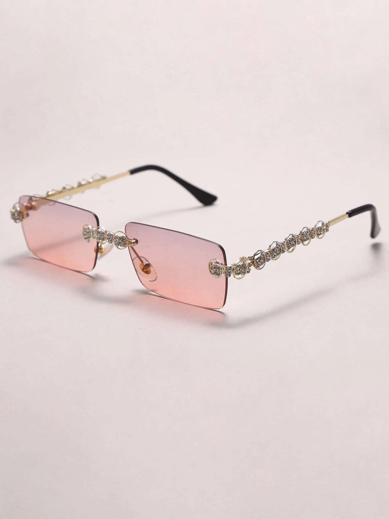 Rhinestone Decor Square Rimless Sunglasses