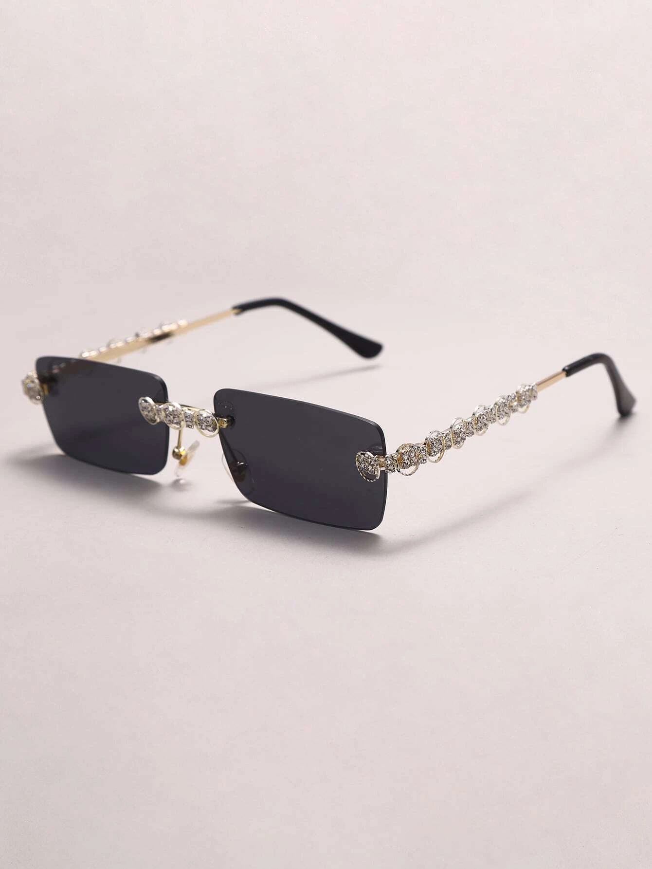 Rhinestone Decor Square Rimless Sunglasses