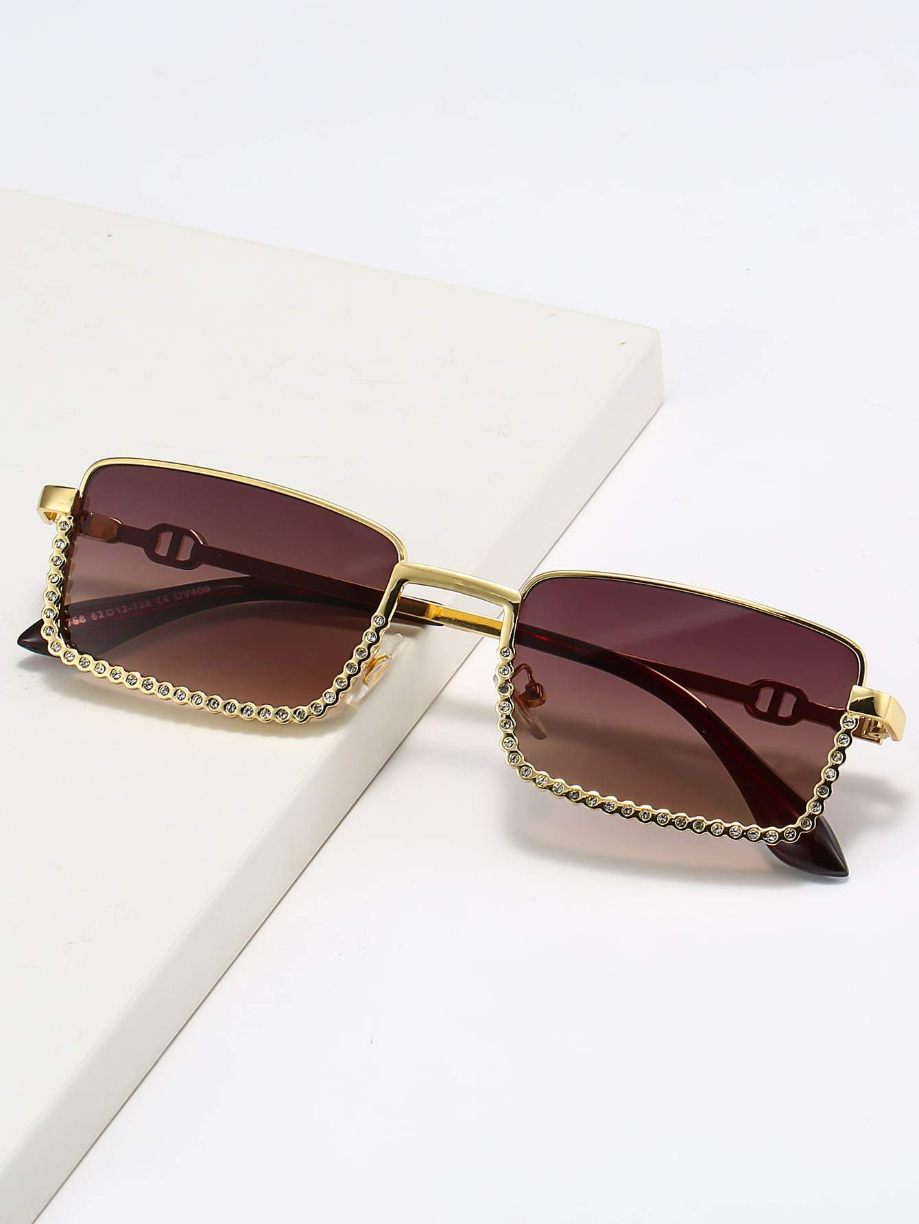Rhinestone Decor Square Metal Frame UV Protected Sunglasses