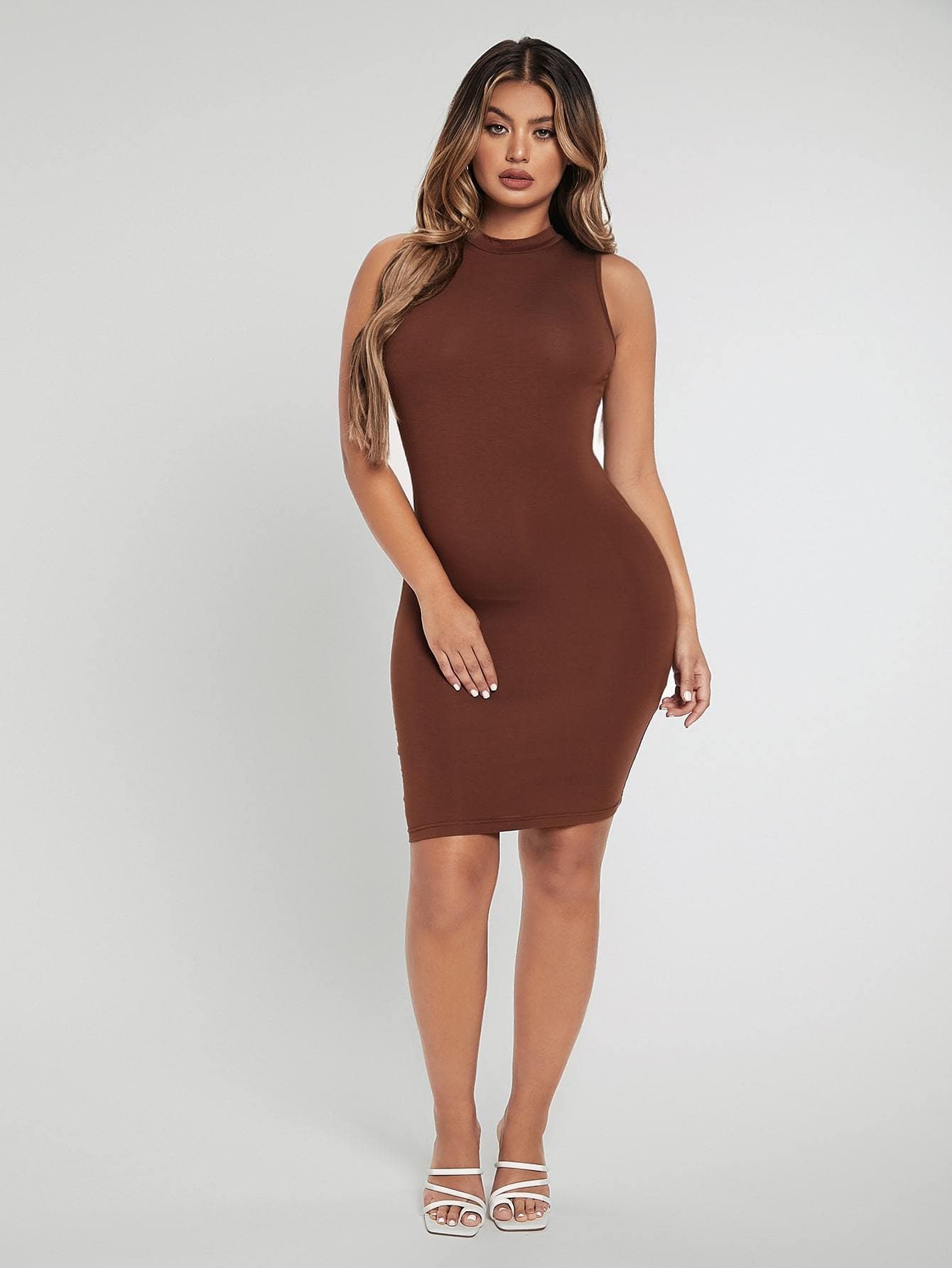 Brown Stand Collar Sleeveless Solid Slim Fit Dress