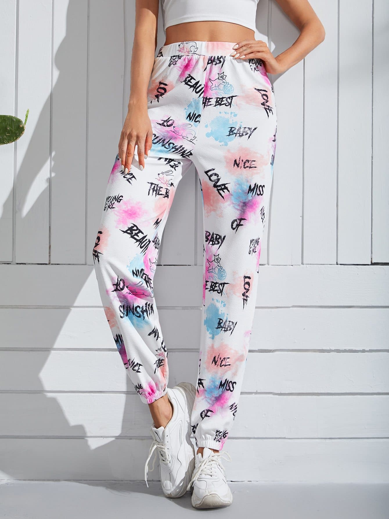 Letter Graphic Color Block High Elastic Waist Sweatpants