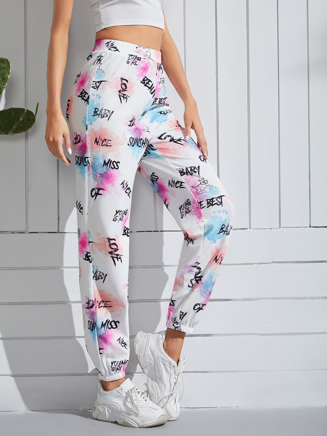 Letter Graphic Color Block High Elastic Waist Sweatpants