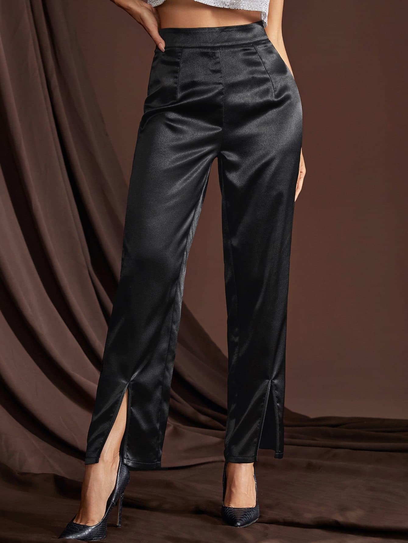 Black High Waist Split Hem Zipper Fly Pants
