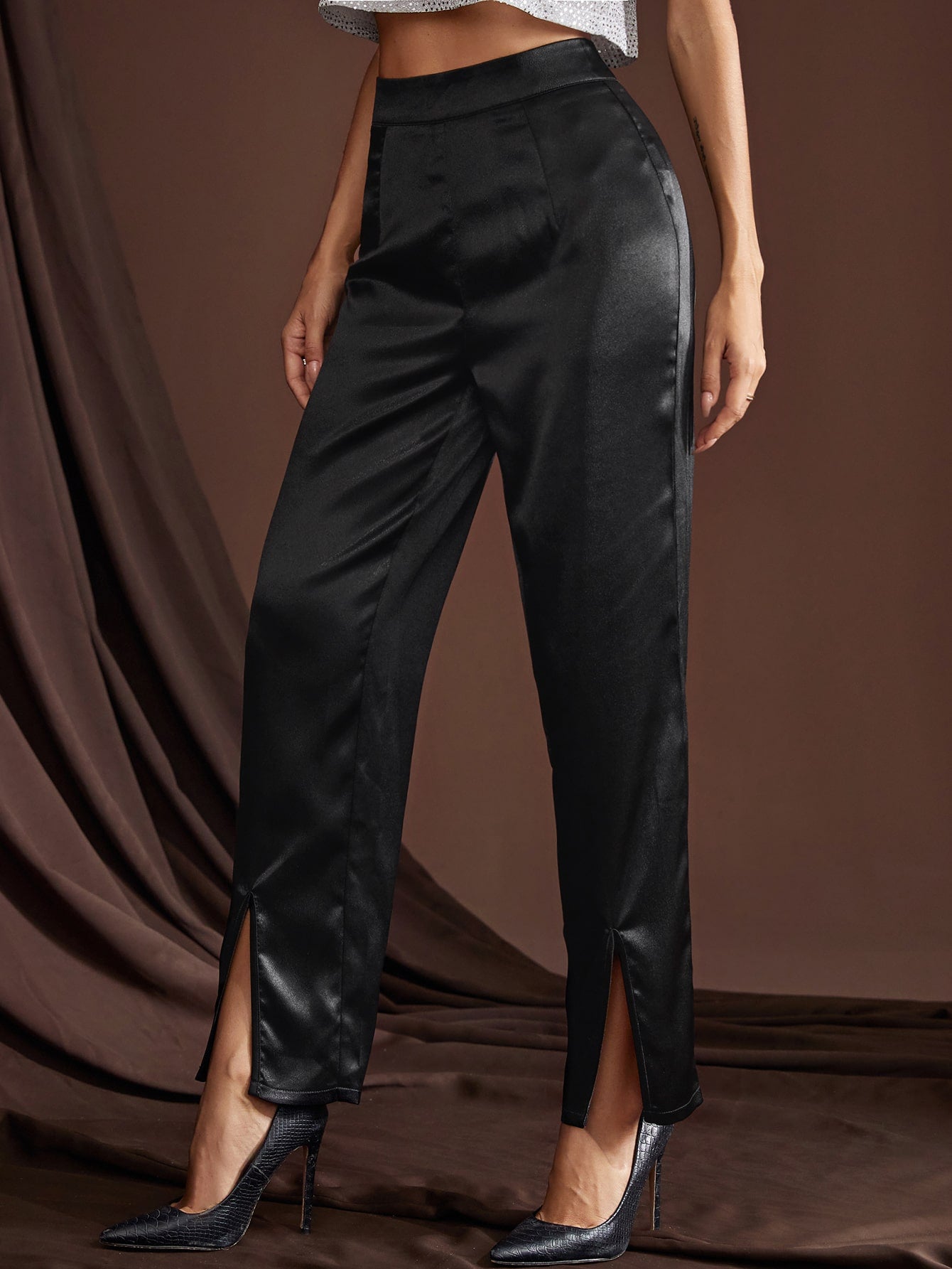 Black High Waist Split Hem Zipper Fly Pants
