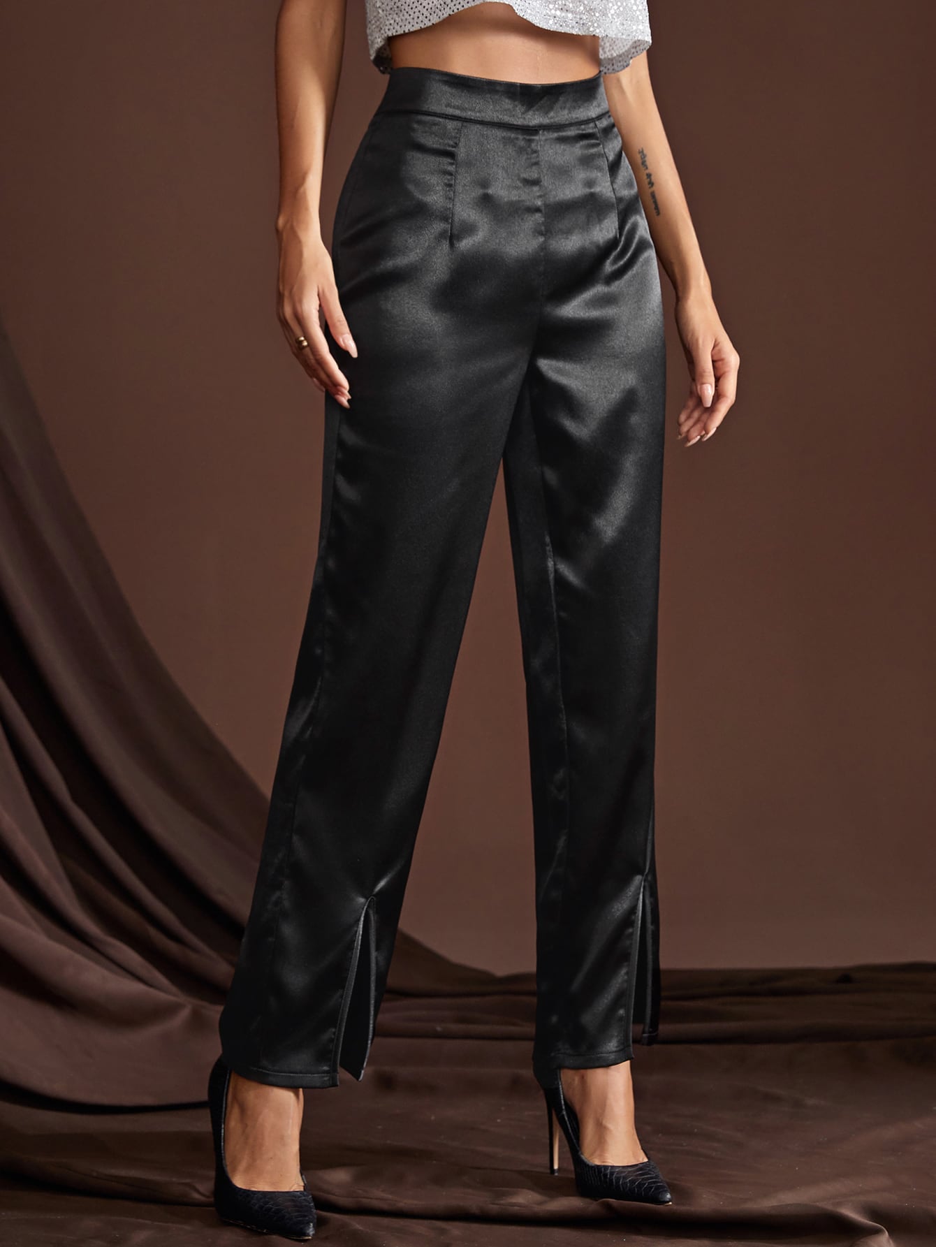 Black High Waist Split Hem Zipper Fly Pants
