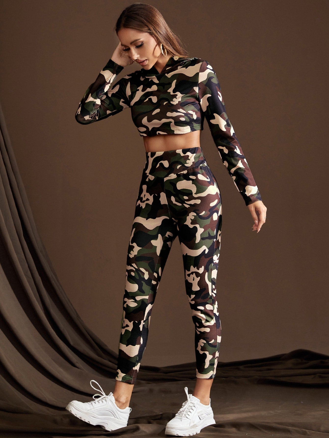 Camo Hooded Crop Top and Wideband Waist Leggings