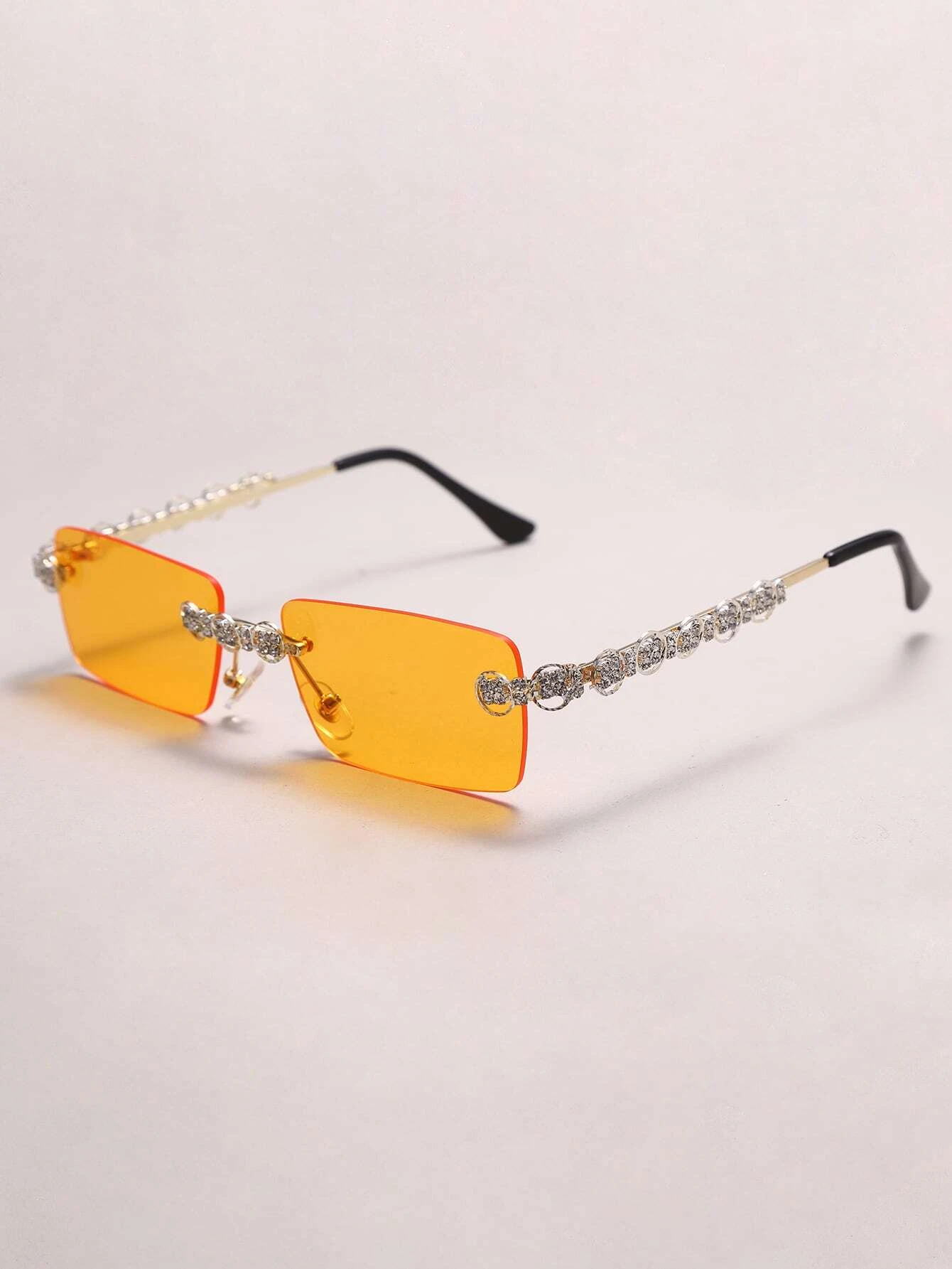 Rhinestone Decor Square Rimless Sunglasses