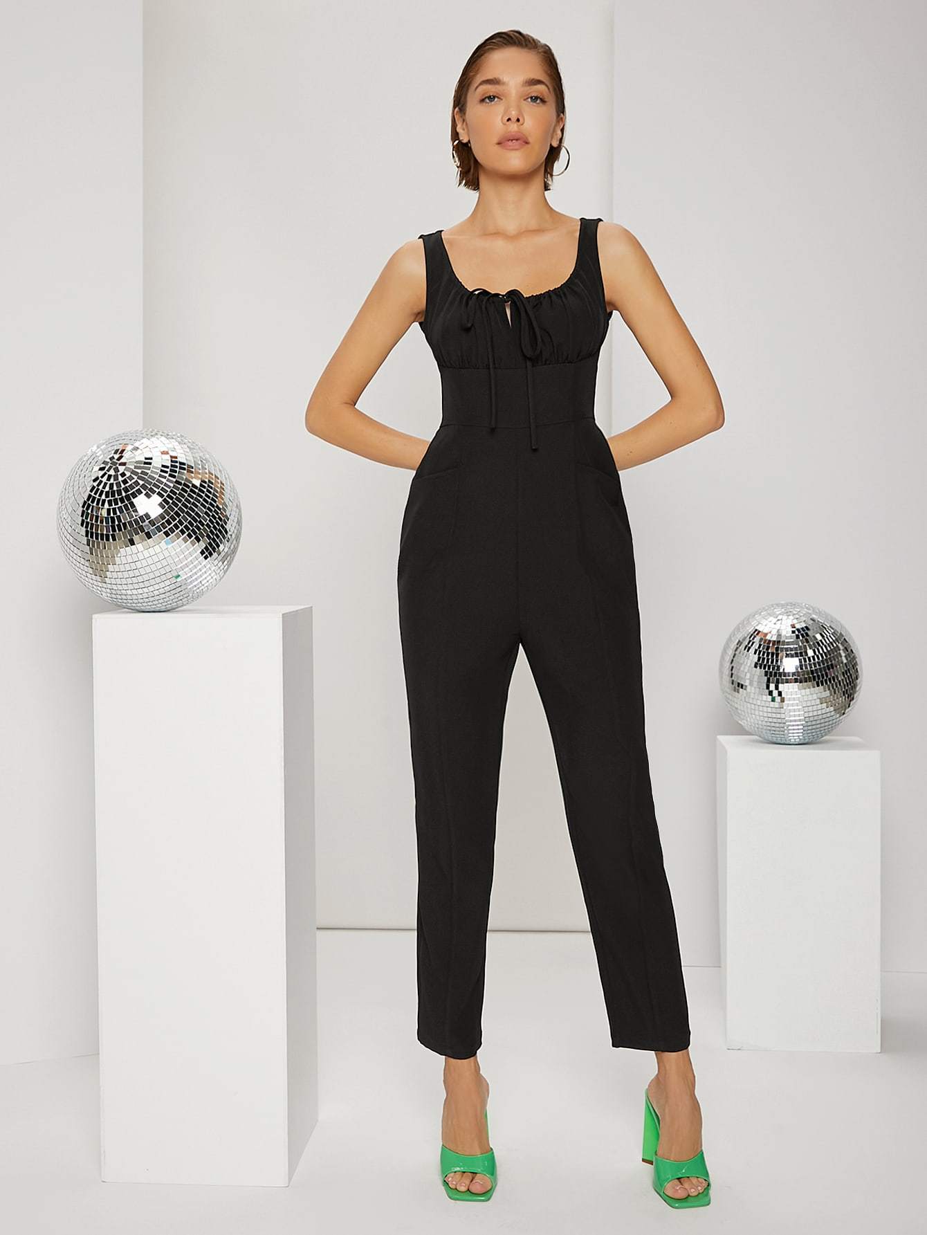 Black Scoop Neck Ruched Bust Tie Front Jumpsuit