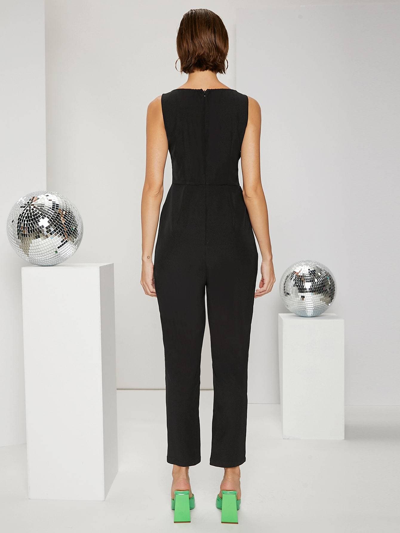 Black Scoop Neck Ruched Bust Tie Front Jumpsuit