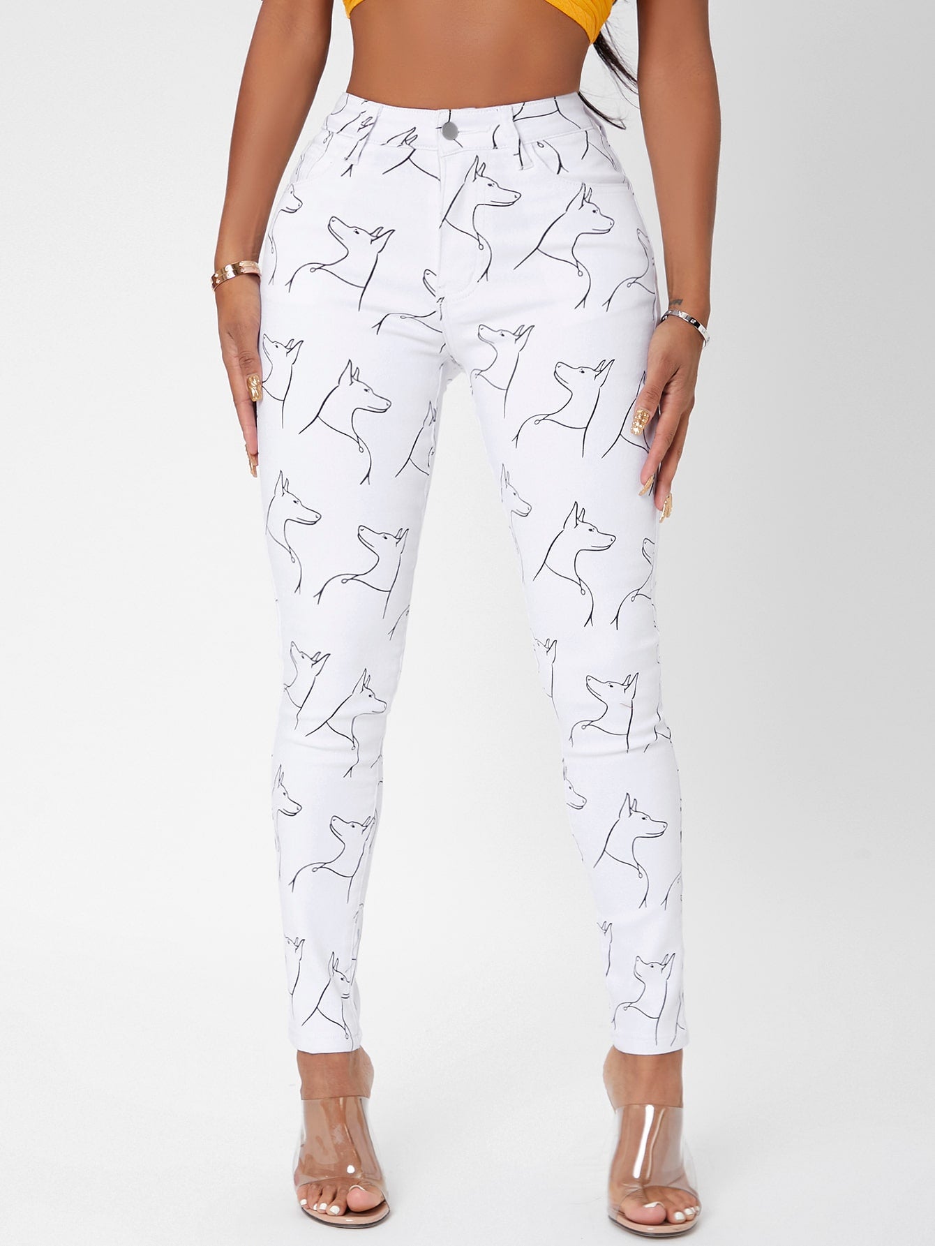 White Animal Print High Waist Skinny Jeans