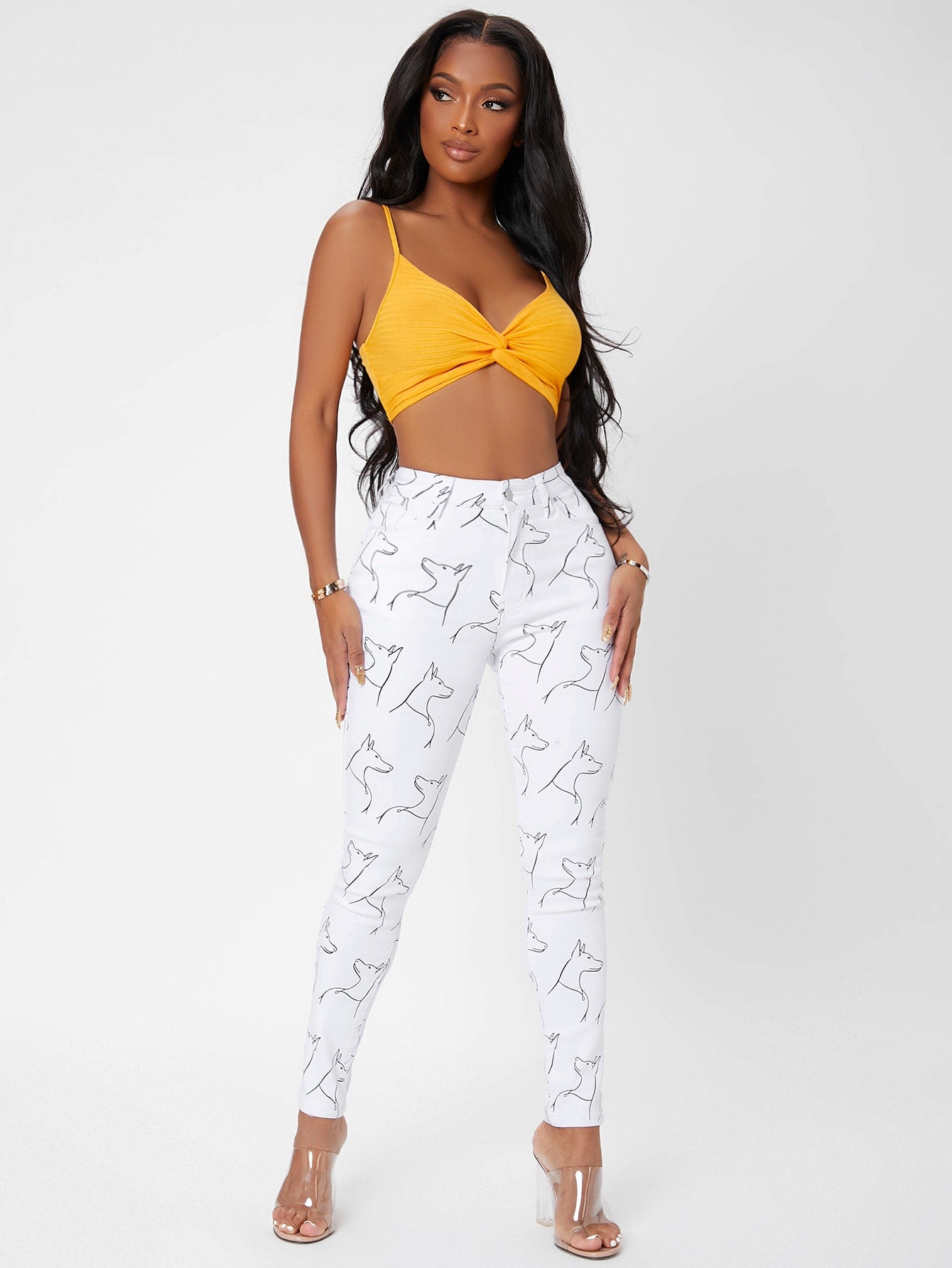 White Animal Print High Waist Skinny Jeans