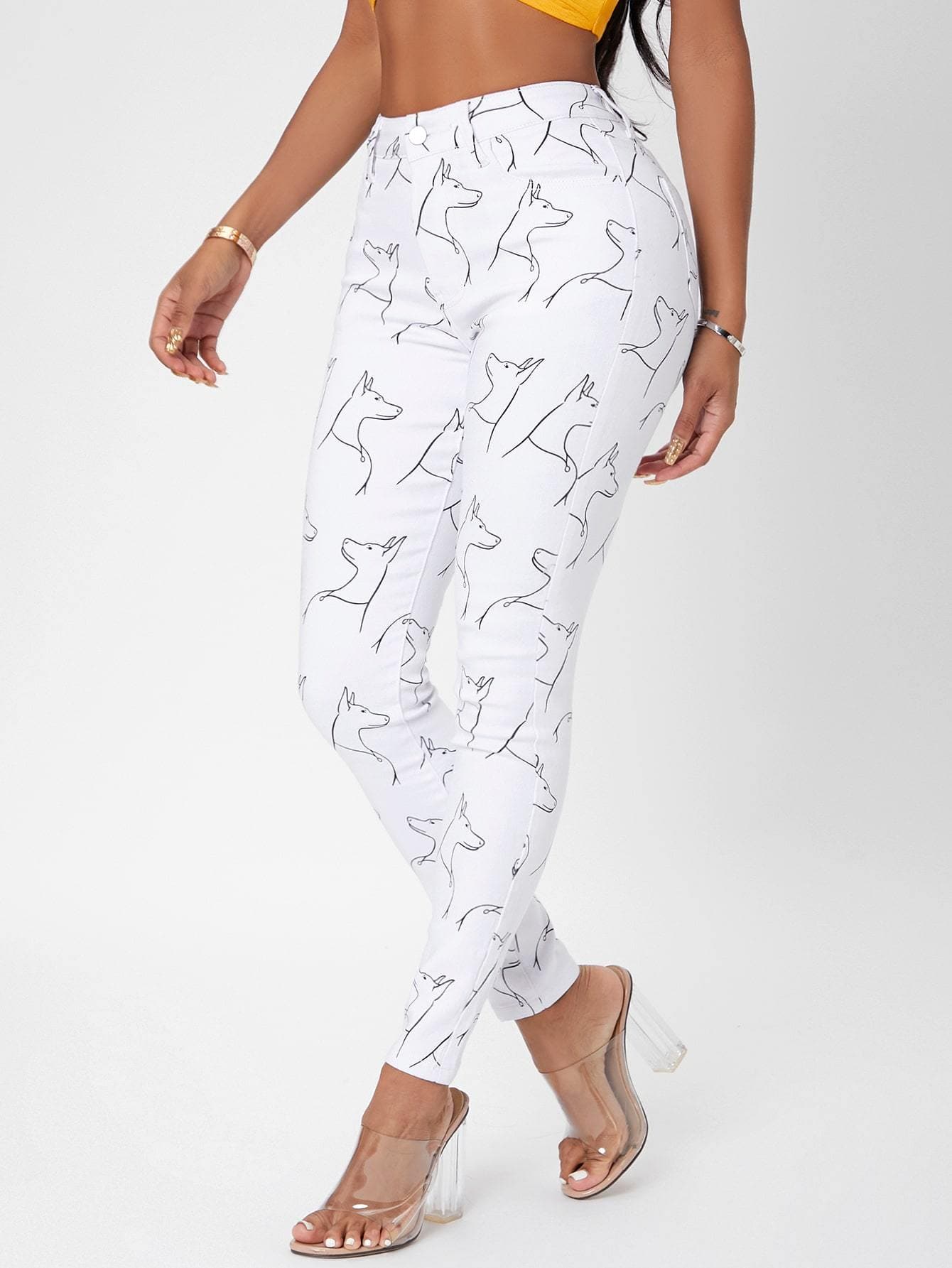 White Animal Print High Waist Skinny Jeans