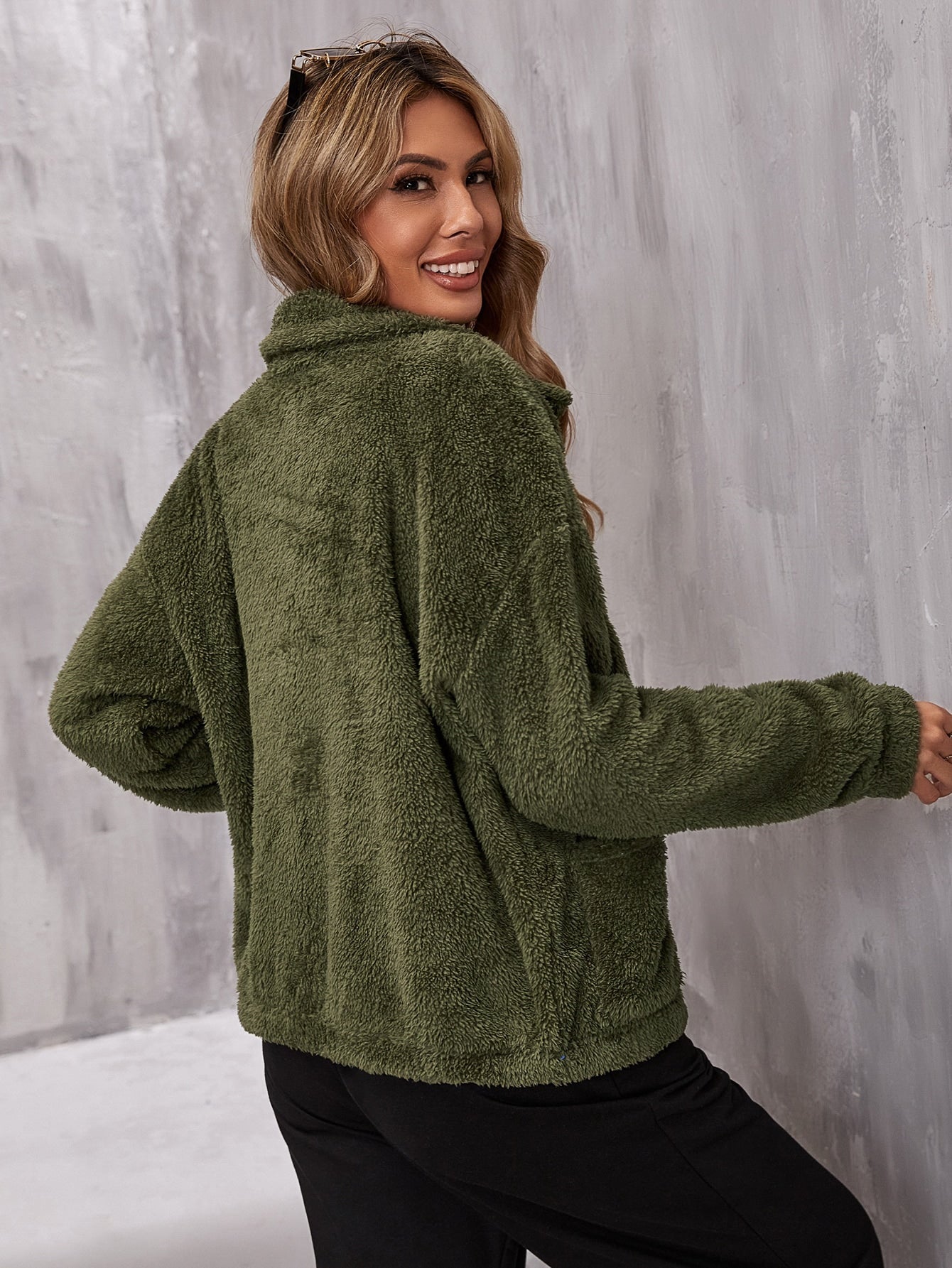 Army Green Drop Shoulder Zip Up Pocket Teddy Jacket