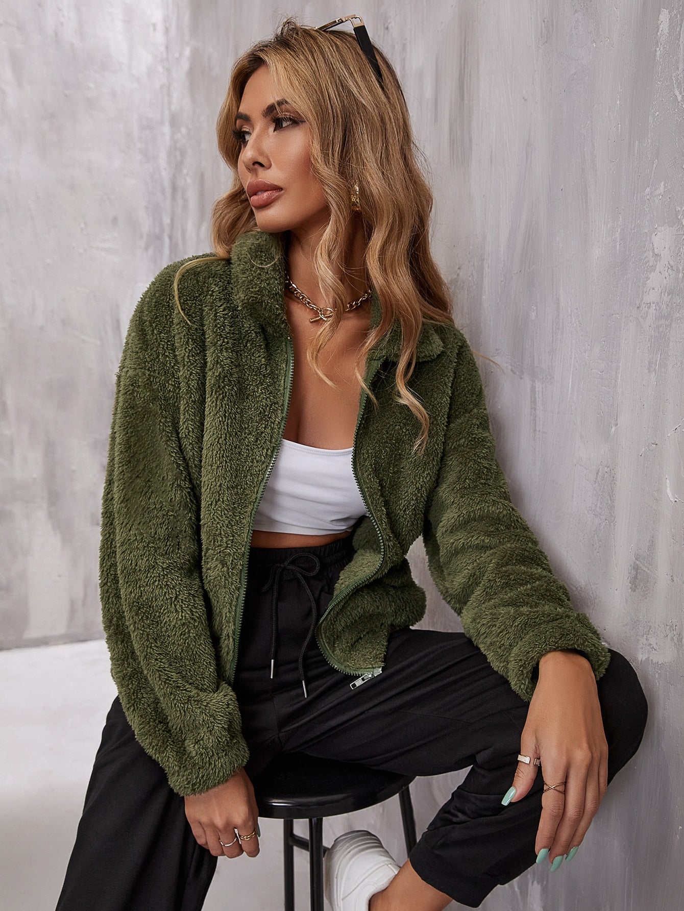 Army Green Drop Shoulder Zip Up Pocket Teddy Jacket