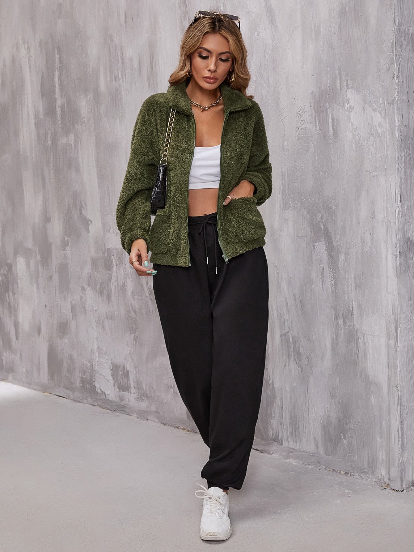 Army Green Drop Shoulder Zip Up Pocket Teddy Jacket